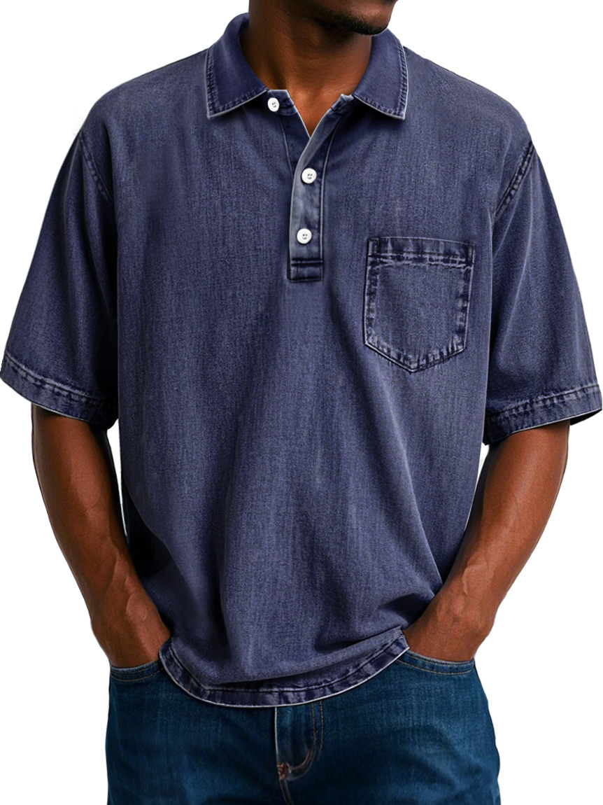 Herren Vintage 100% Baumwolle gewaschenen abgenutzten Revers Tasche lässigen Kurzarm POLO Hemd-ZierMode