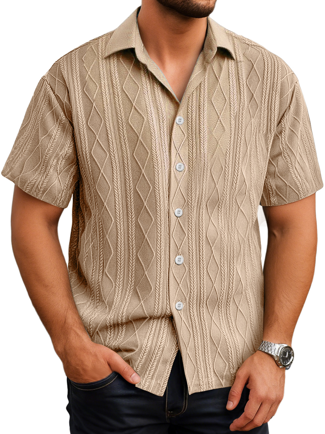 Herren Daily Texture Casual Revers Einfarbig Kurzarmhemd-deurabatt