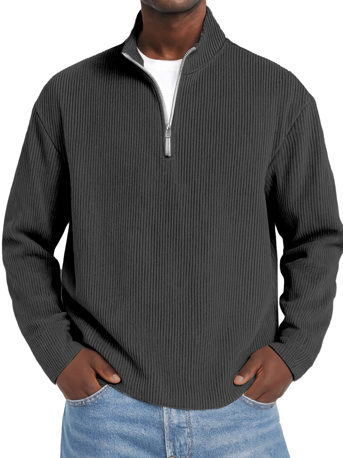 Herren Daily Einfarbiger Vertikaler Reißverschluss Langarm Polo-Shirt-deurabatt