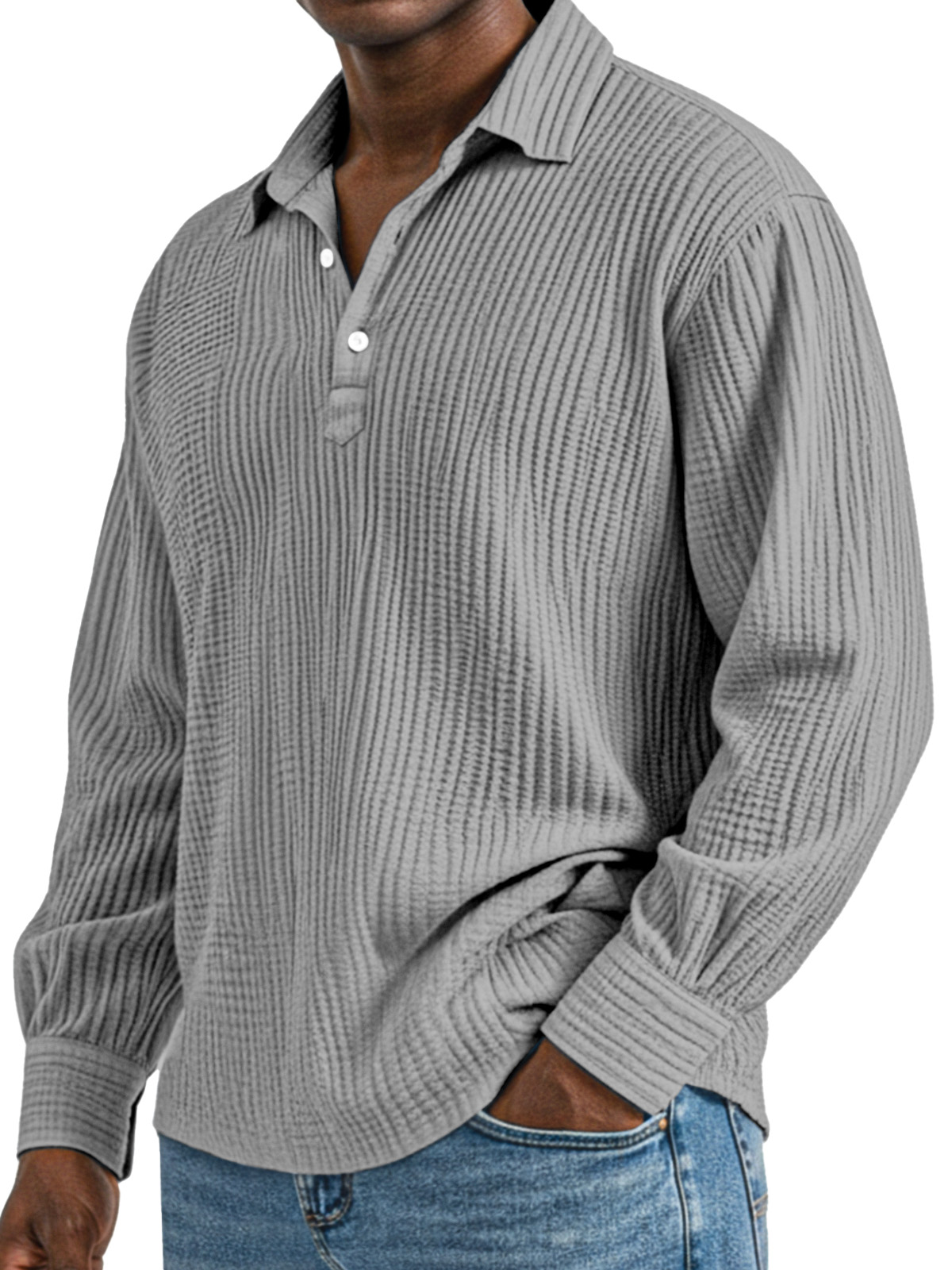 Herren Tägliches Einfaches Einfarbiges Plissee Langarm Poloshirt mit Revers-deurabatt