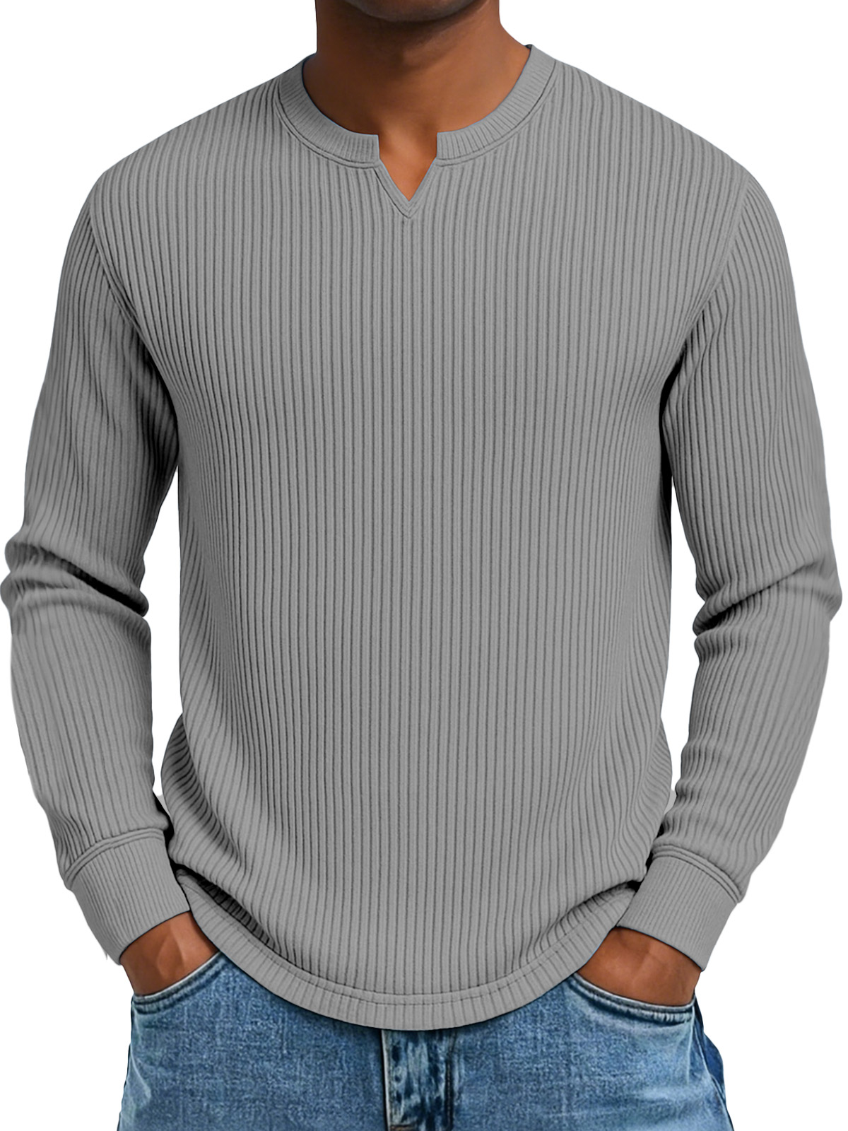 Herren Freizeit Einfarbig Vertikal Pit Kleiner V-Ausschnitt Langarm T-Shirt-deurabatt