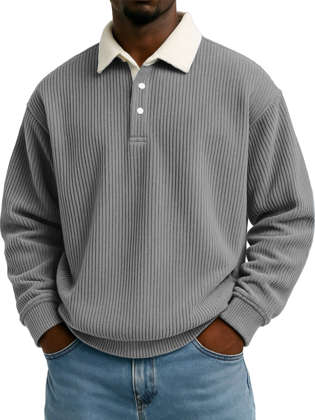 Herren Sweatshirt mit einfarbigem vertikalem Streifenmuster und kontrastierender Farbe, langärmlig, mit Revers-ZierMode