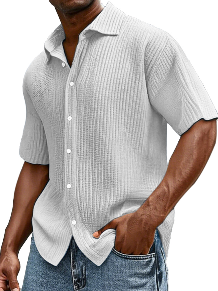 Herren Tägliches Lässiges Lockere Bequemes Baumwoll Rüschentextur Revers Kurzarm Knopfs Hemd-ZierMode
