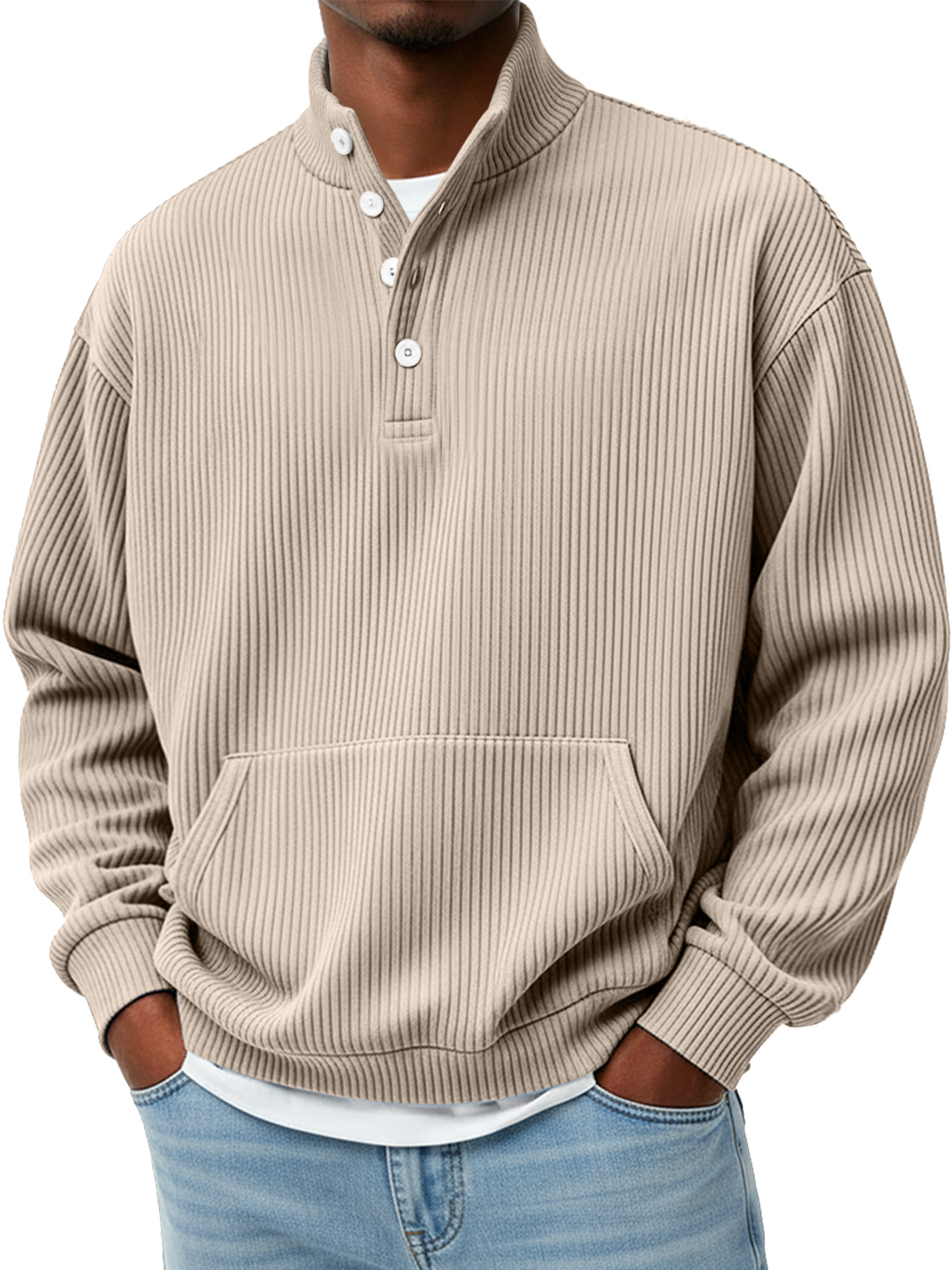Herren Einfaches Rippkragen Knopf Freizeit Lockeres Sweatshirt-deurabatt