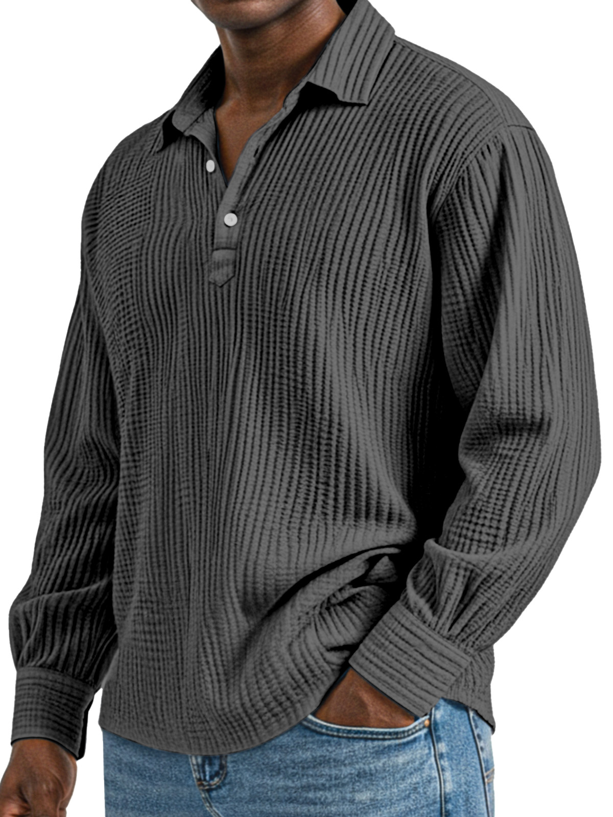 Herren Tägliches Einfaches Einfarbiges Plissee Langarm Poloshirt mit Revers-deurabatt