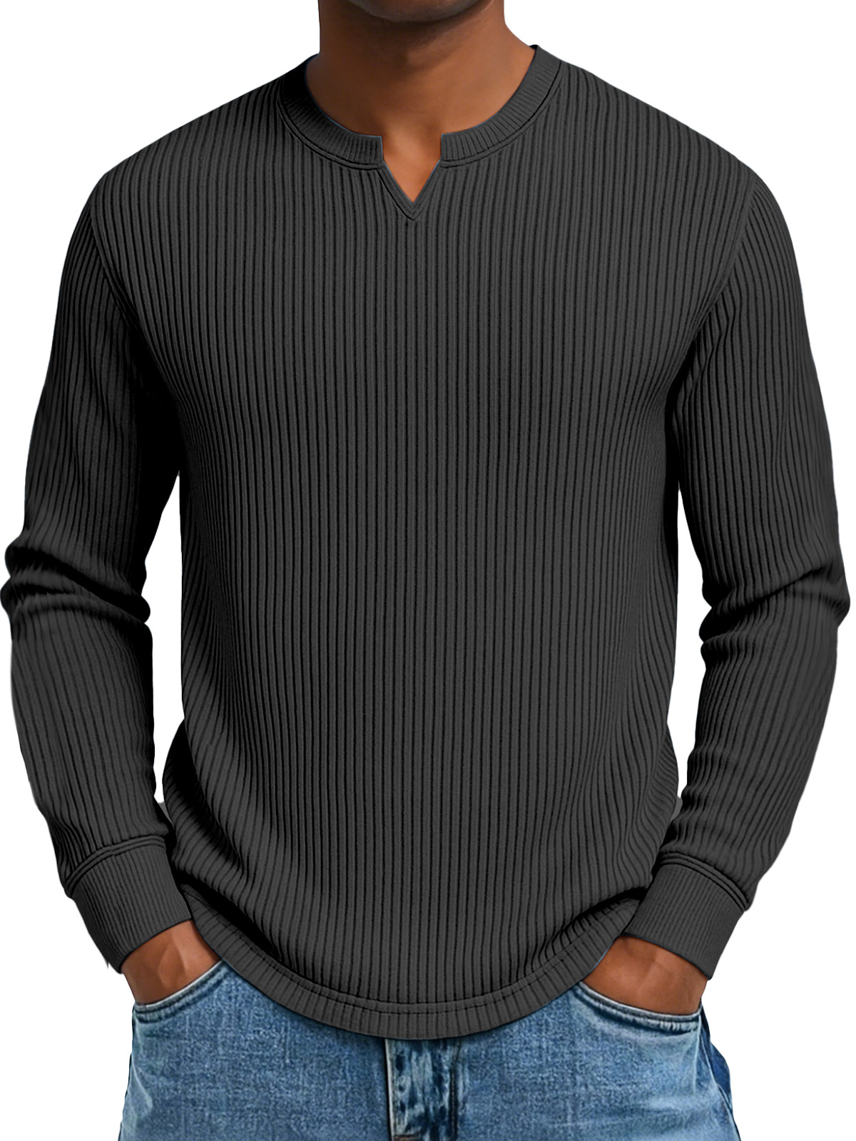 Herren Freizeit Einfarbig Vertikal Pit Kleiner V-Ausschnitt Langarm T-Shirt-deurabatt