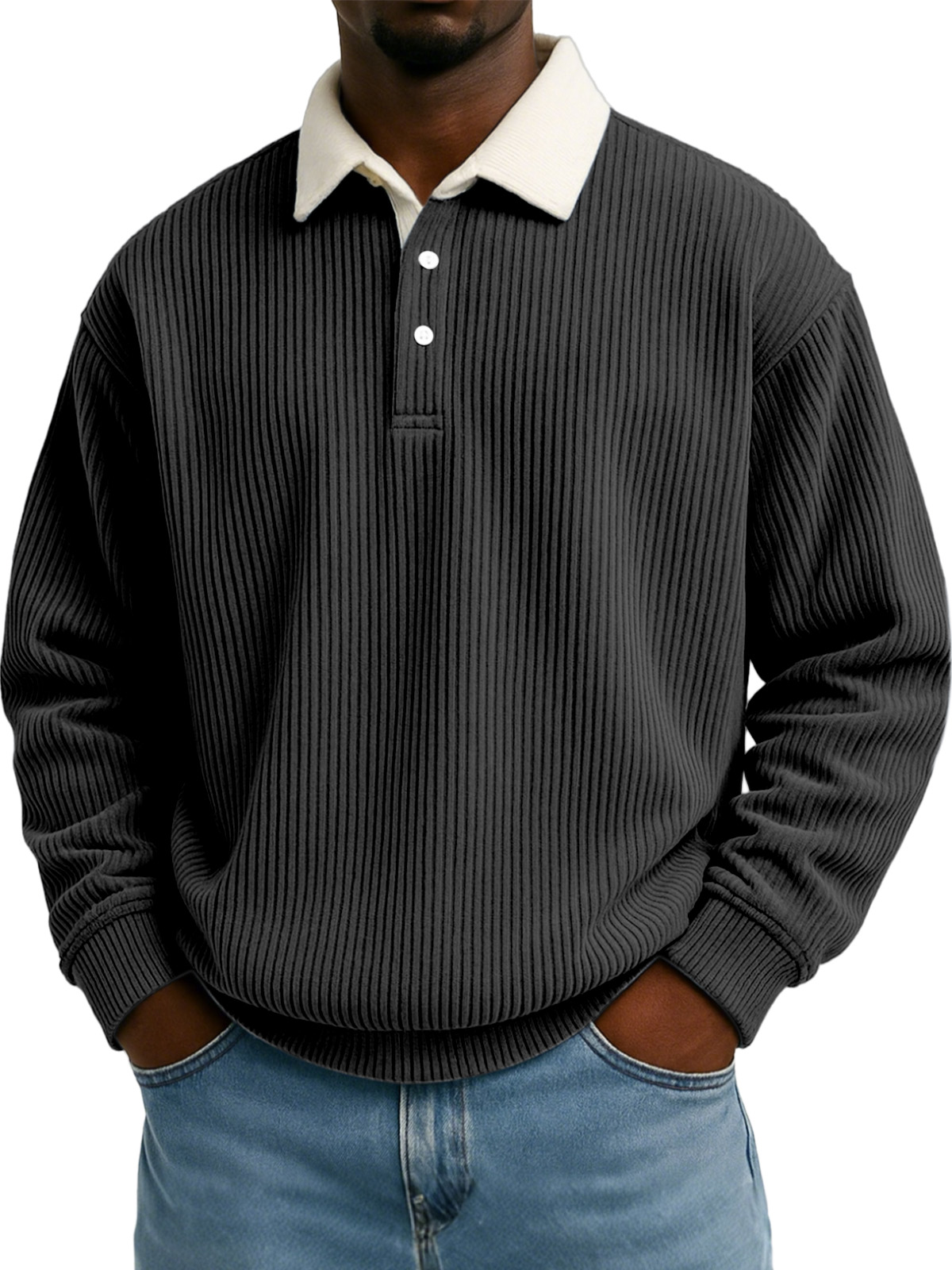 Herren Sweatshirt mit einfarbigem vertikalem Streifenmuster und kontrastierender Farbe, langärmlig, mit Revers-ZierMode