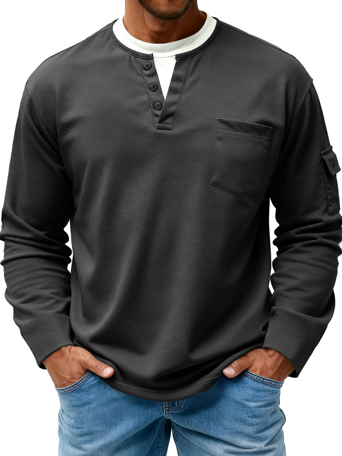 Herren T-Shirt mit doppeltem Kragen, faux Zweiteiler, lässig, langärmlig, mit Seitentaschen-ZierMode