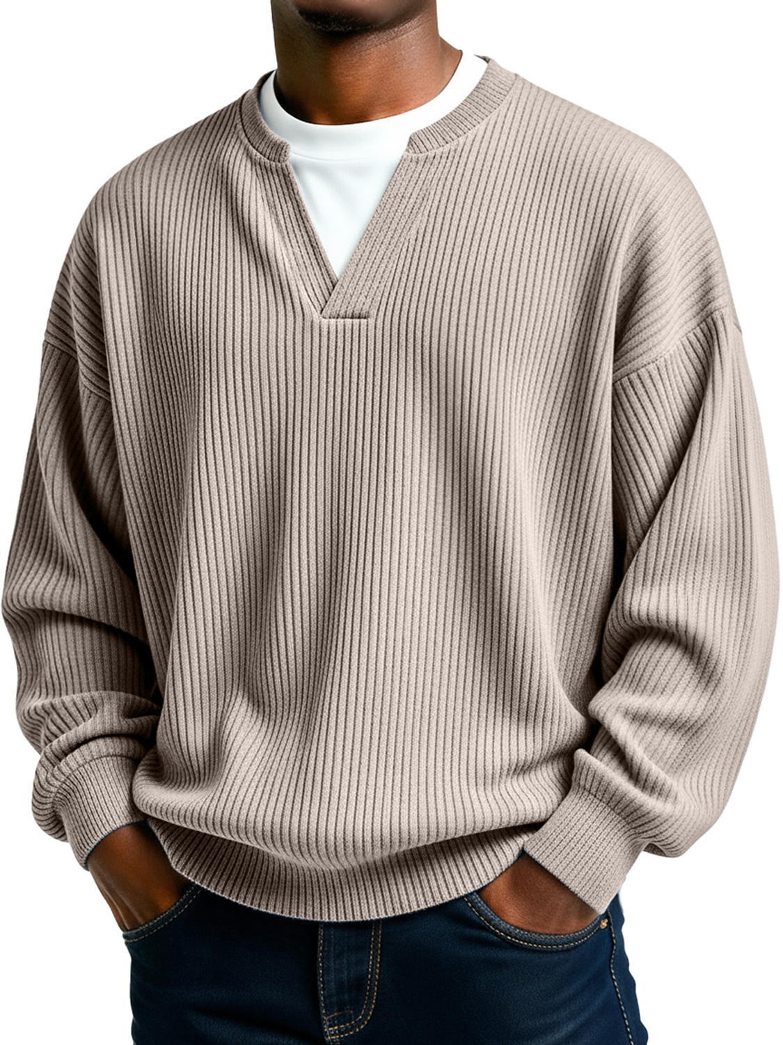 Herren Einfaches Geripptes V-Ausschnitt Faux Zwei-Teile Lässiges Langarm-T-Shirt-deurabatt