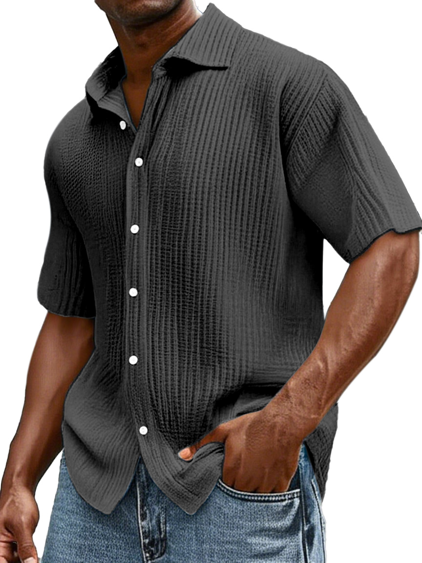 Herren Tägliches Lässiges Lockere Bequemes Baumwoll Rüschentextur Revers Kurzarm Knopfs Hemd-ZierMode