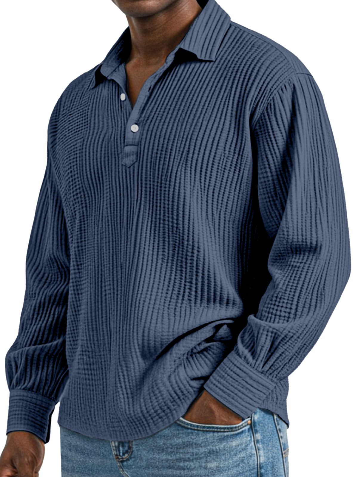 Herren Tägliches Einfaches Einfarbiges Plissee Langarm Poloshirt mit Revers-deurabatt