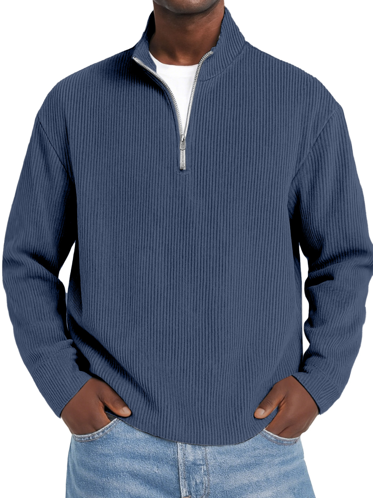 Herren Daily Einfarbiger Vertikaler Reißverschluss Langarm Polo-Shirt-deurabatt