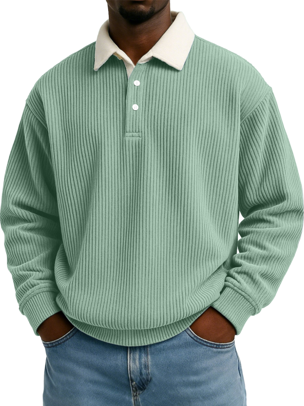 Herren Sweatshirt mit einfarbigem vertikalem Streifenmuster und kontrastierender Farbe, langärmlig, mit Revers-deurabatt