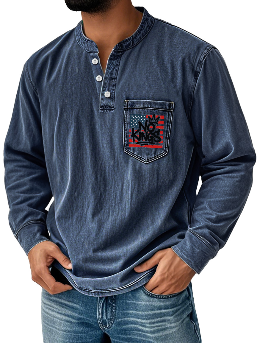 Herren Vintage No Kings Stehkragen Knopf Tasche Lässig Langarm Henley-deurabatt