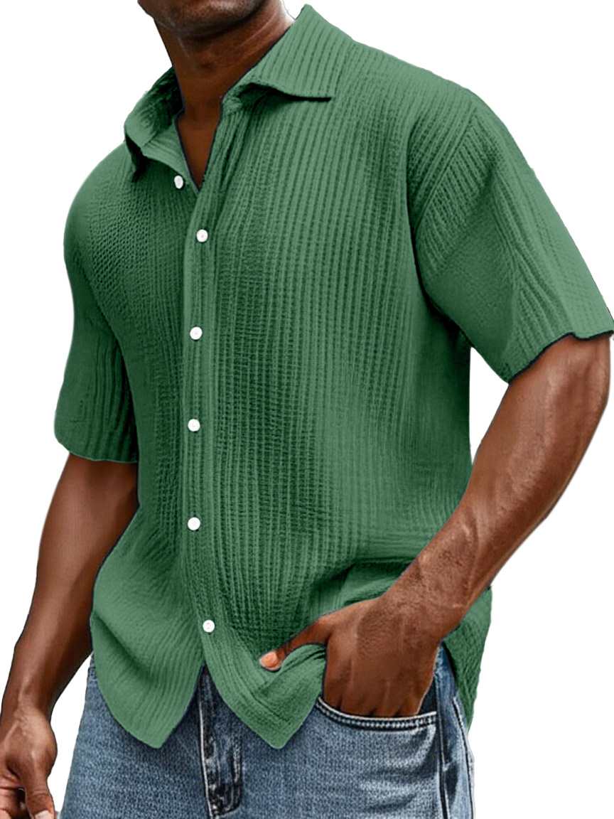 Herren Tägliches Lässiges Lockere Bequemes Baumwoll Rüschentextur Revers Kurzarm Knopfs Hemd-ZierMode