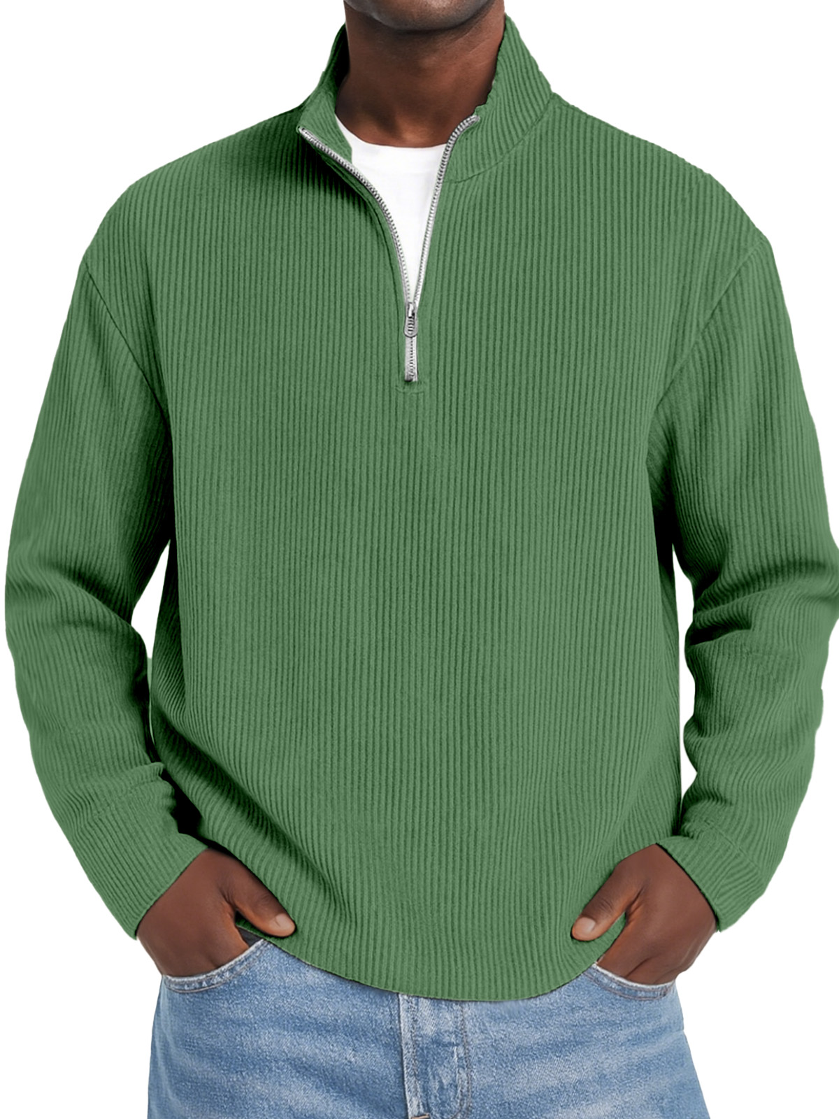 Herren Daily Einfarbiger Vertikaler Reißverschluss Langarm Polo-Shirt-deurabatt