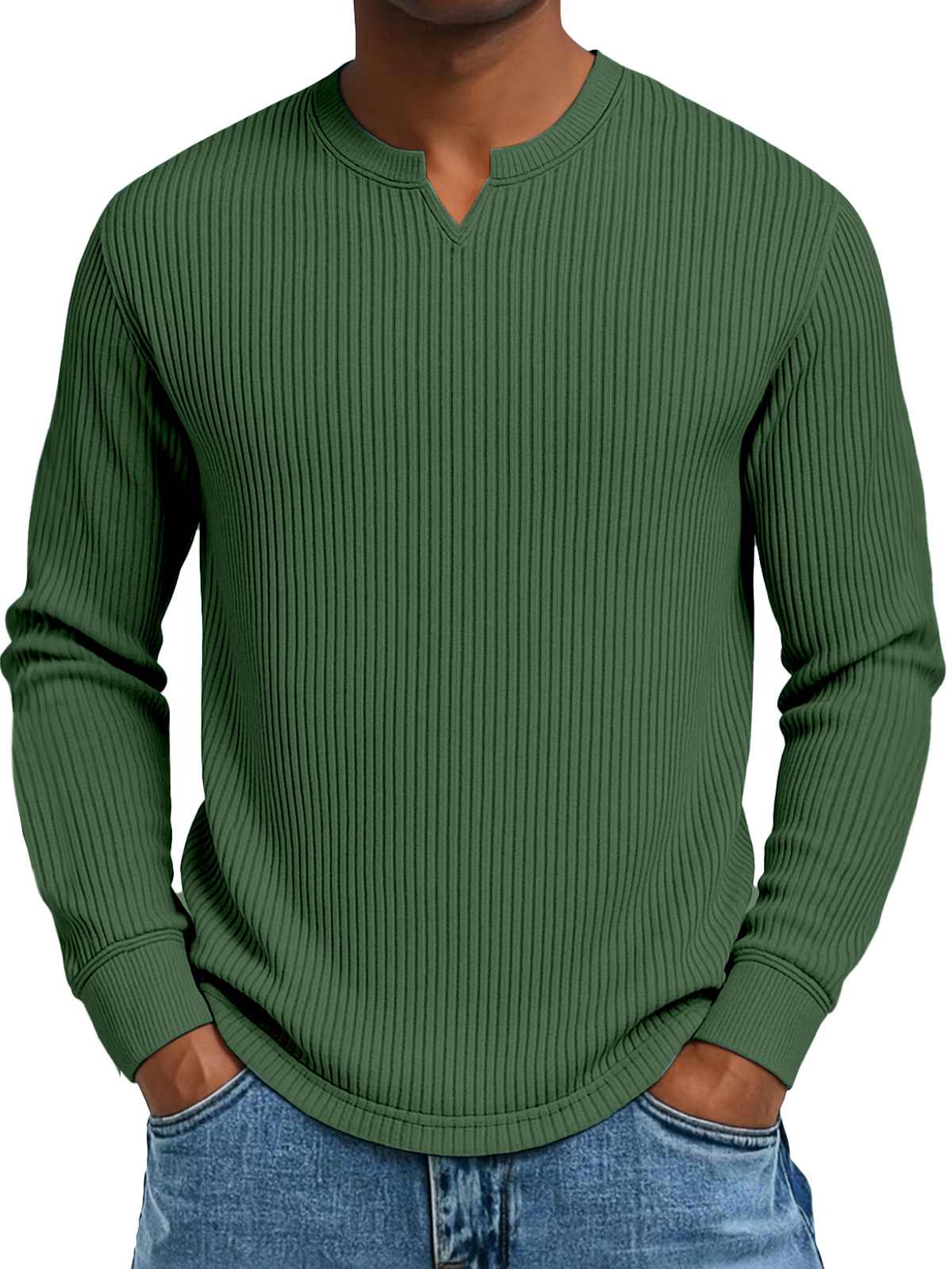 Herren Freizeit Einfarbig Vertikal Pit Kleiner V-Ausschnitt Langarm T-Shirt-deurabatt