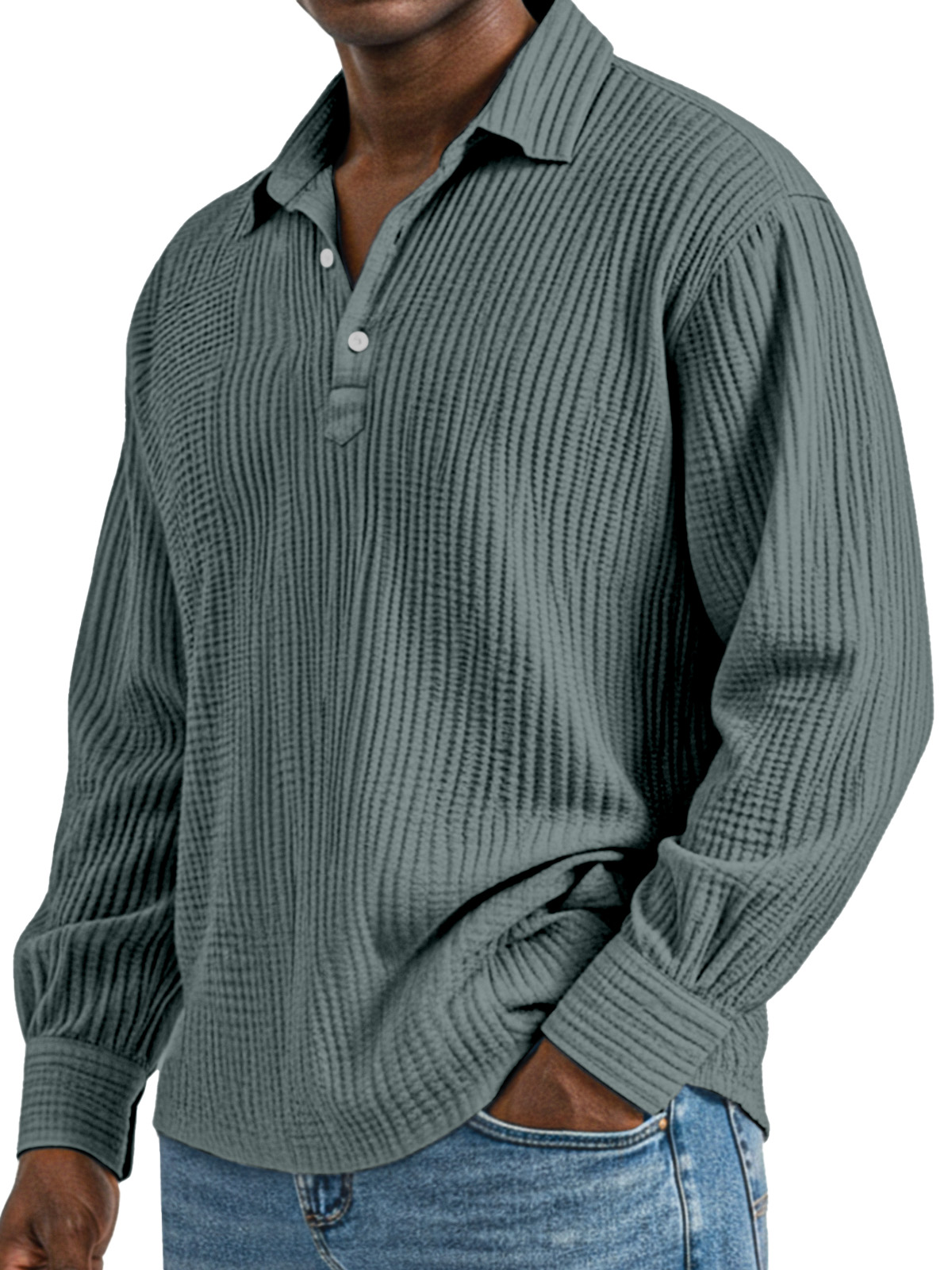 Herren Tägliches Einfaches Einfarbiges Plissee Langarm Poloshirt mit Revers-deurabatt
