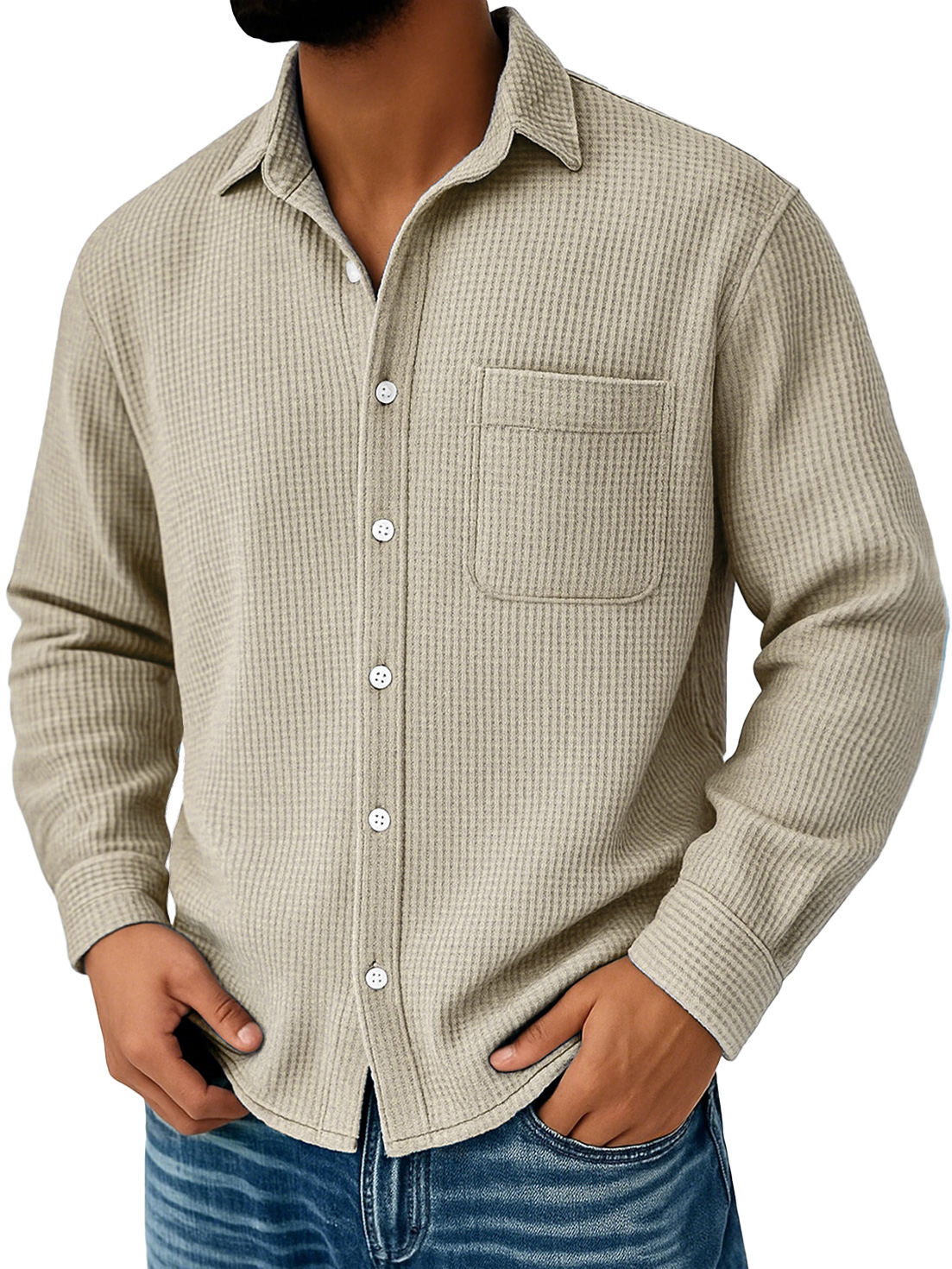 Herren Alltags Waffel Freizeit Tasche Komfort Langarmshirt-deurabatt