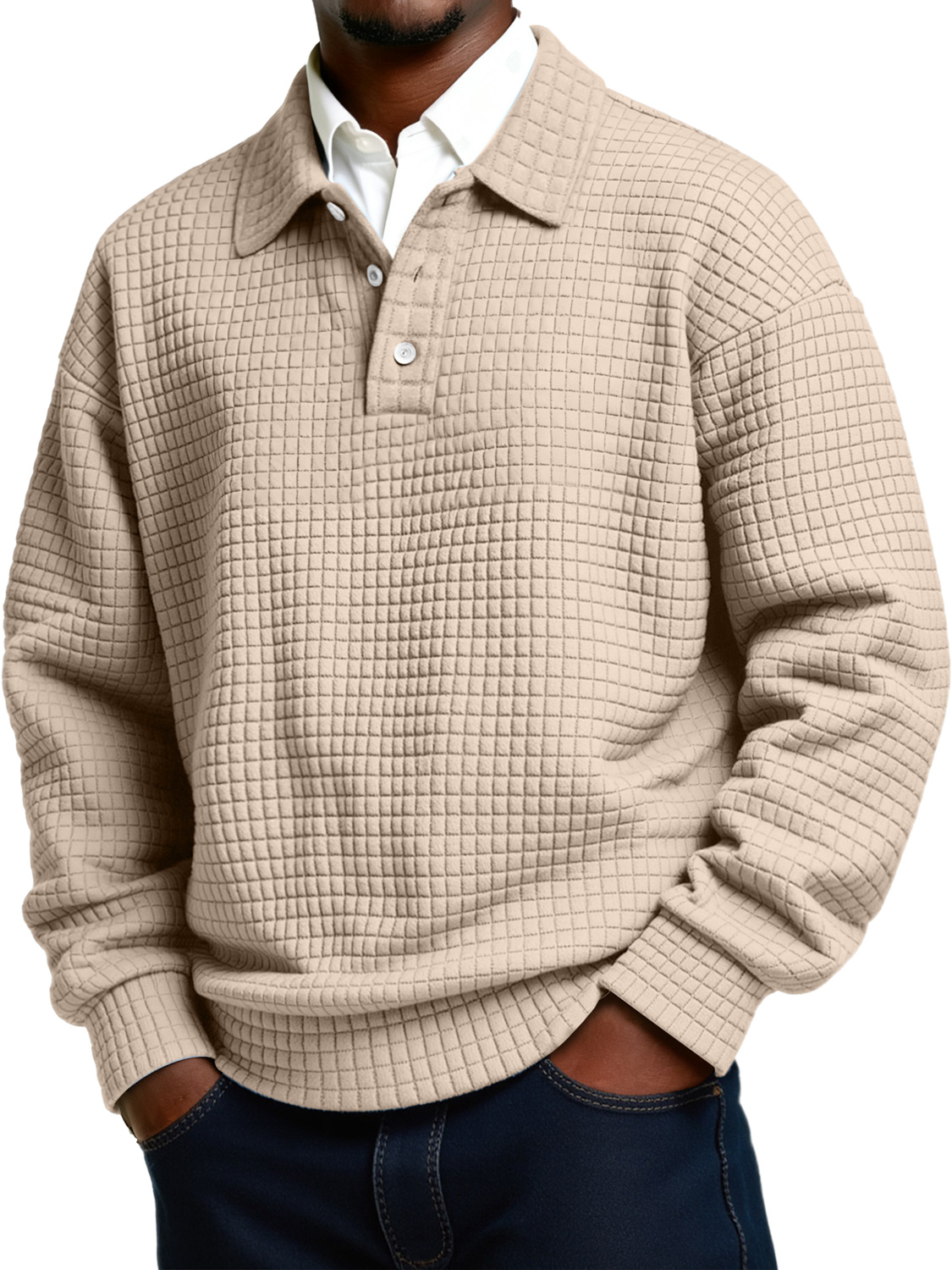 Herren Daily Small Plaid Revers Knopf Lässiges Langarm Polohemd-deurabatt