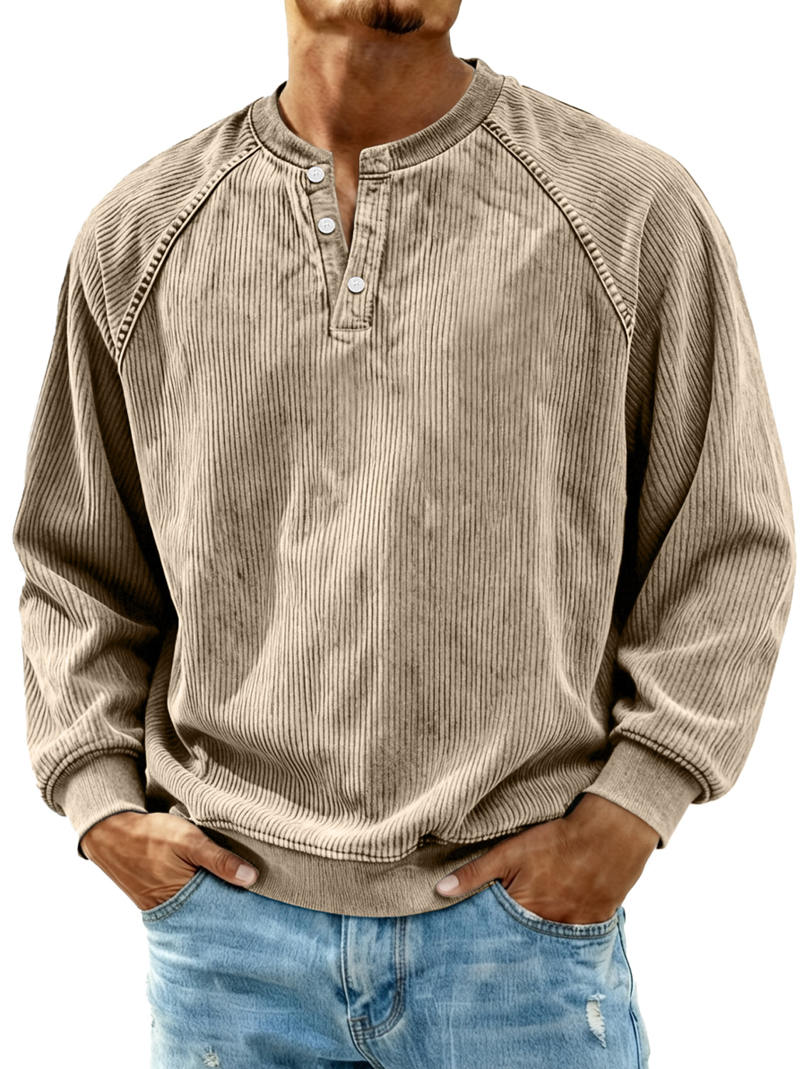 Herren Retro Corduroy Raglan Freizeit Langarm Henley Shirt-deurabatt