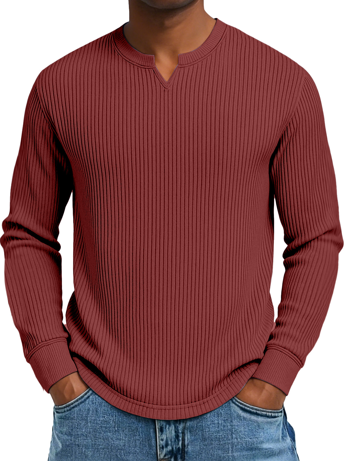 Herren Freizeit Einfarbig Vertikal Pit Kleiner V-Ausschnitt Langarm T-Shirt-deurabatt