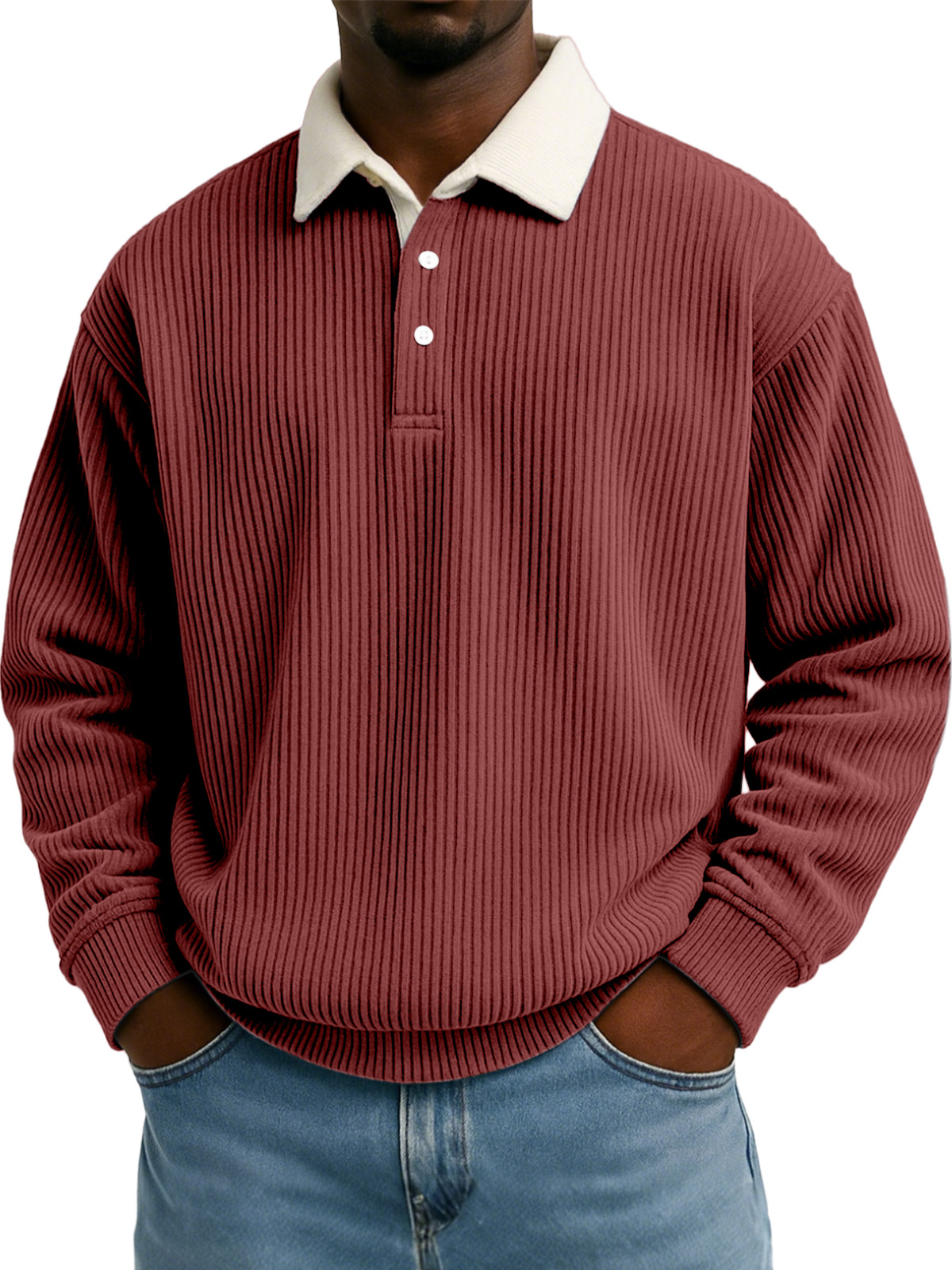 Herren Sweatshirt mit einfarbigem vertikalem Streifenmuster und kontrastierender Farbe, langärmlig, mit Revers-deurabatt
