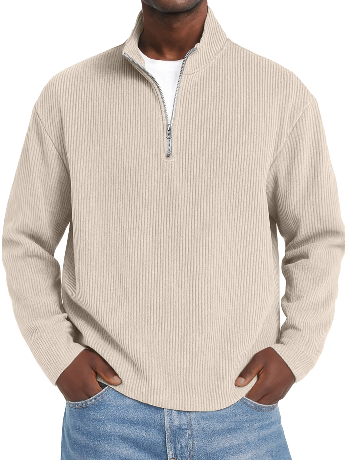 Herren Daily Einfarbiger Vertikaler Reißverschluss Langarm Polo-Shirt-deurabatt