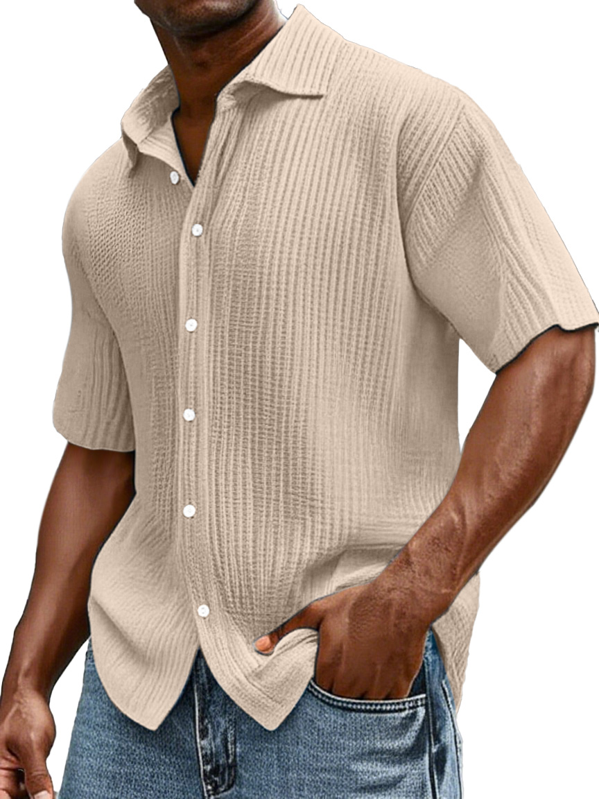 Herren Tägliches Lässiges Lockere Bequemes Baumwoll Rüschentextur Revers Kurzarm Knopfs Hemd-ZierMode