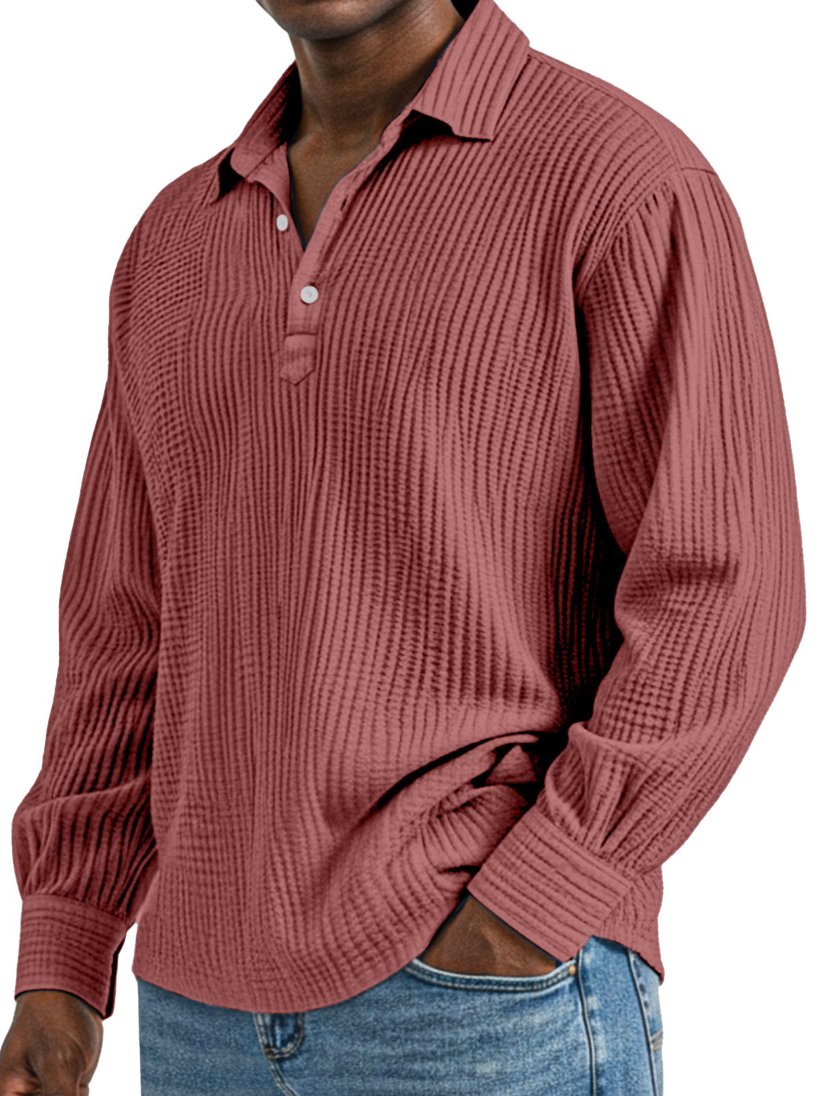 Herren Tägliches Einfaches Einfarbiges Plissee Langarm Poloshirt mit Revers-deurabatt