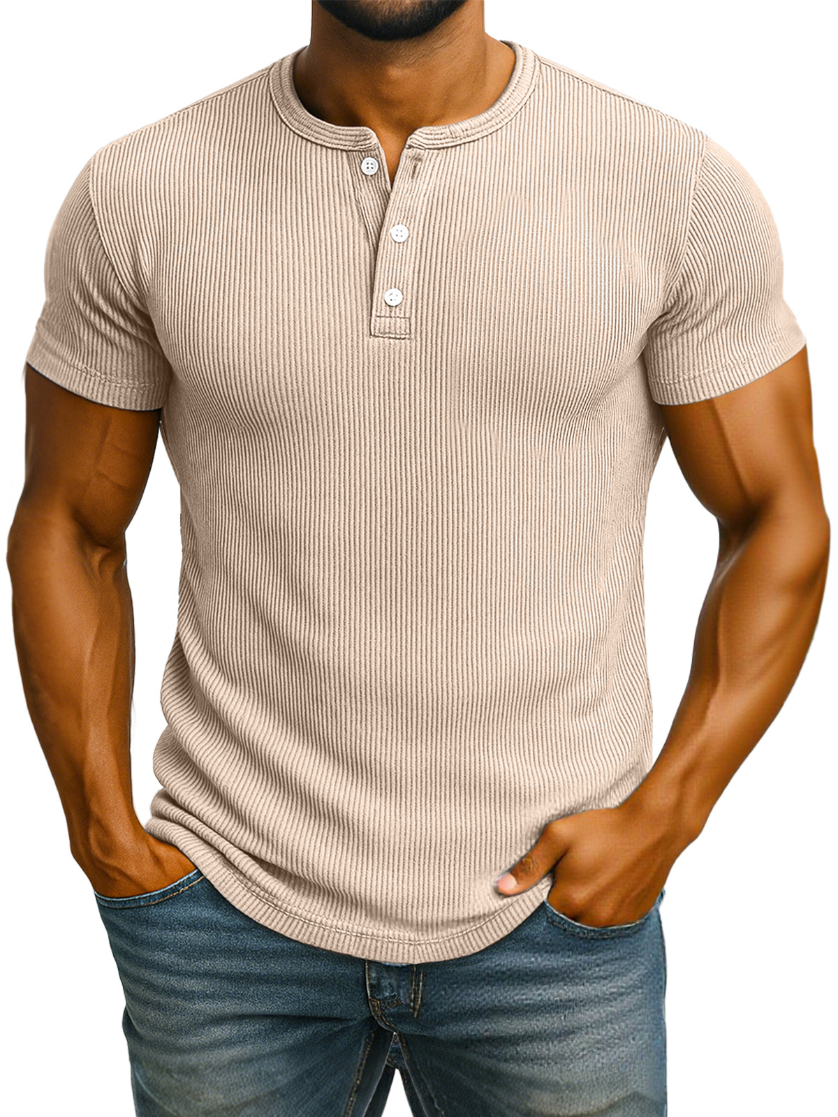 Herren Freizeit Einfarbiger Pit Kurzarm Henley Shirt-deurabatt