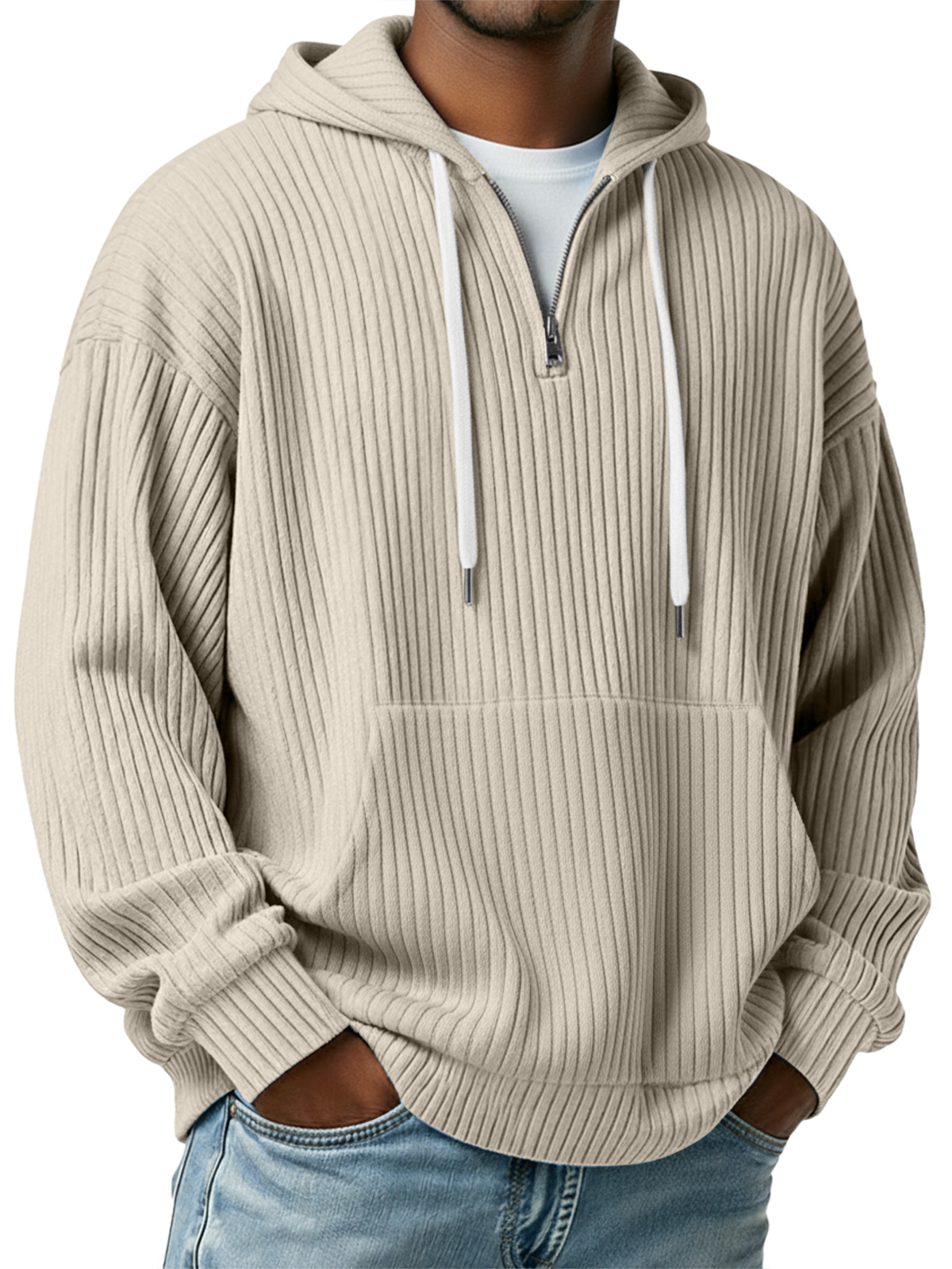 Herren Einfaches Rippstrick Kapuzenzipper Lässiger Lockere Sweatshirt-deurabatt