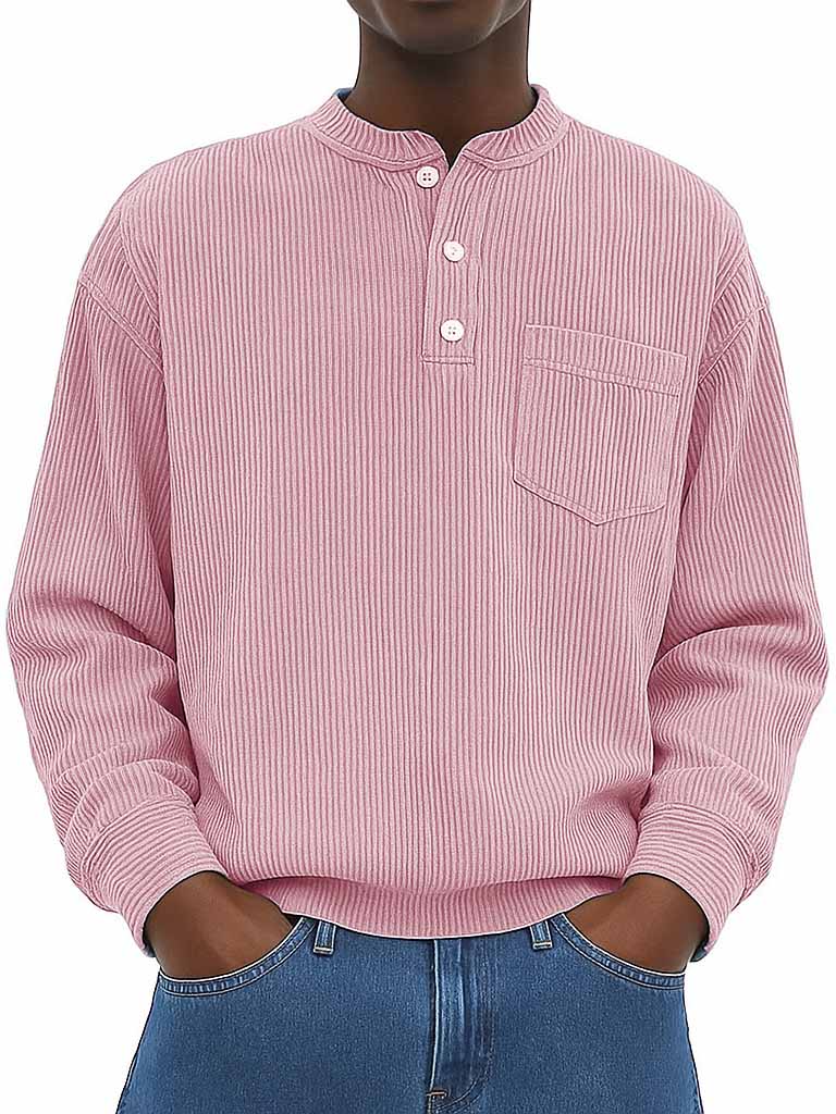 Herrenmode Freizeit Ribstoff Stehkragen Langarm Henley-Shirt-deurabatt