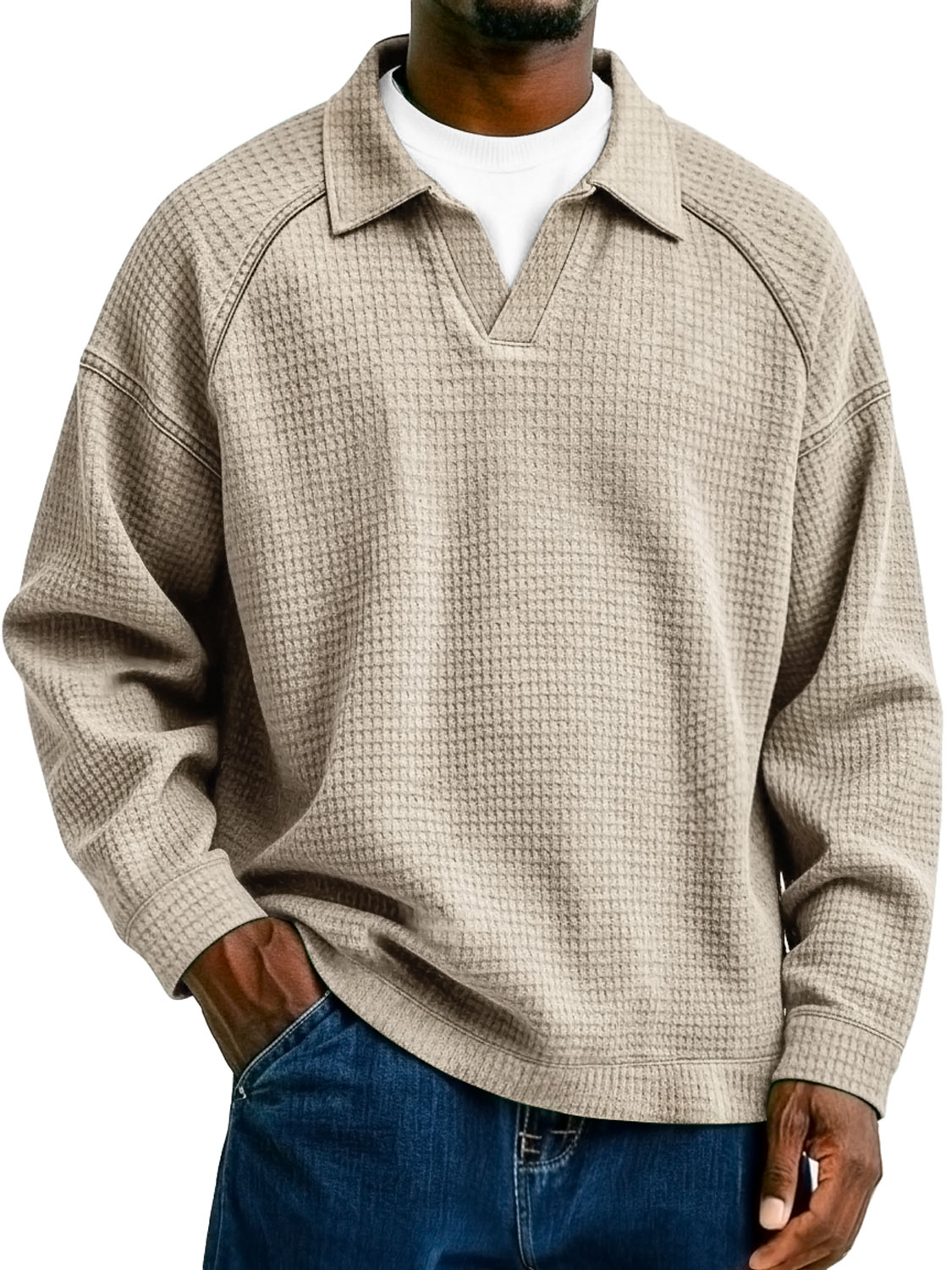 Herren Waffelstrick-Kragen Faux Zwei-Teiler Raglan Patchwork Freizeit Polo-Shirt-deurabatt