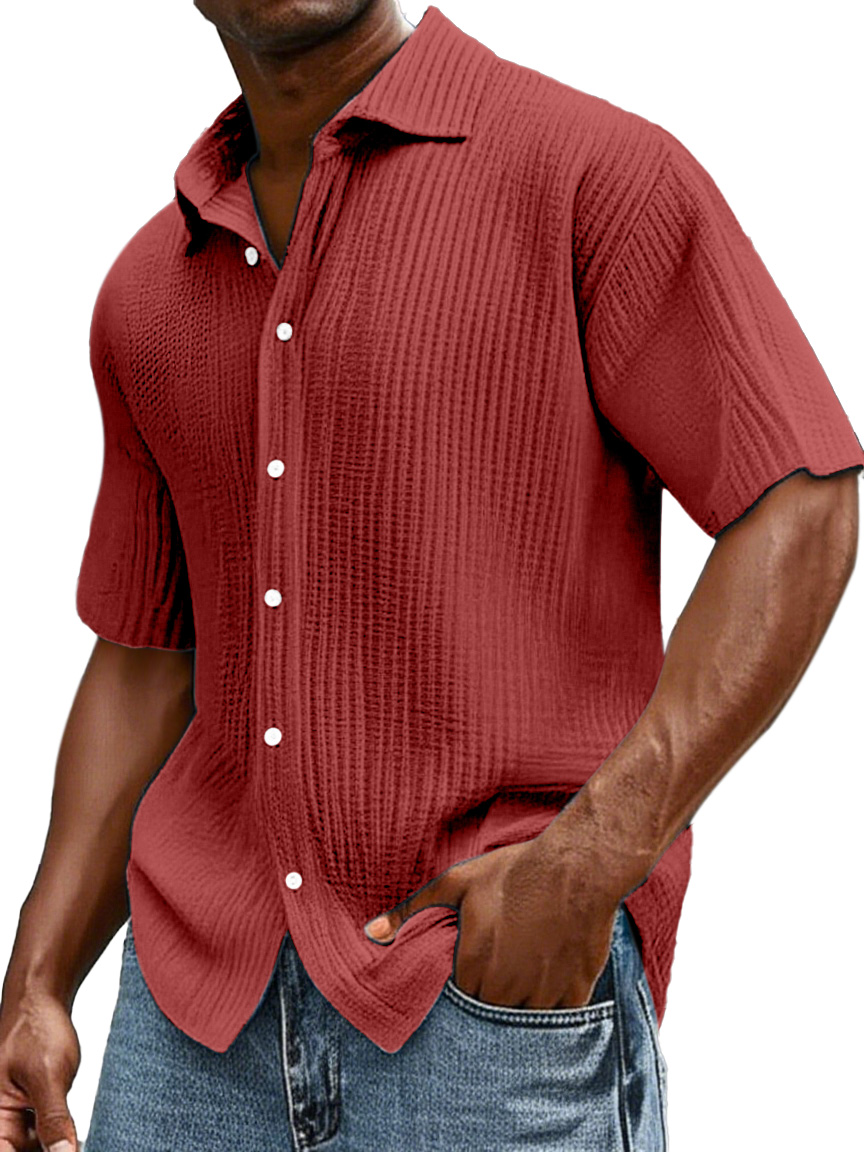 Herren Tägliches Lässiges Lockere Bequemes Baumwoll Rüschentextur Revers Kurzarm Knopfs Hemd-ZierMode