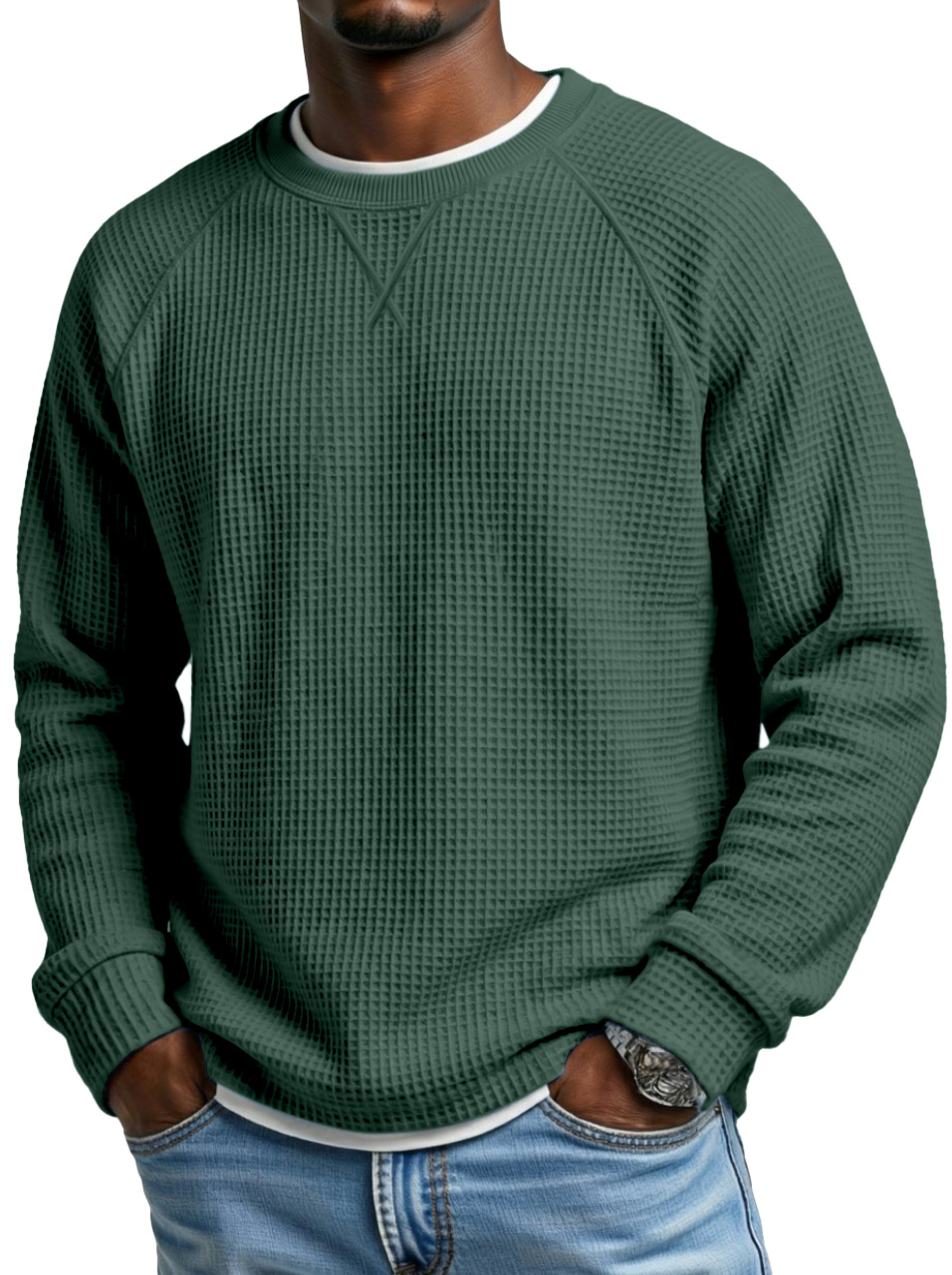 Herren Mode Waffel Raglan Ärmel Design Rundhals Langarm T-Shirt-deurabatt