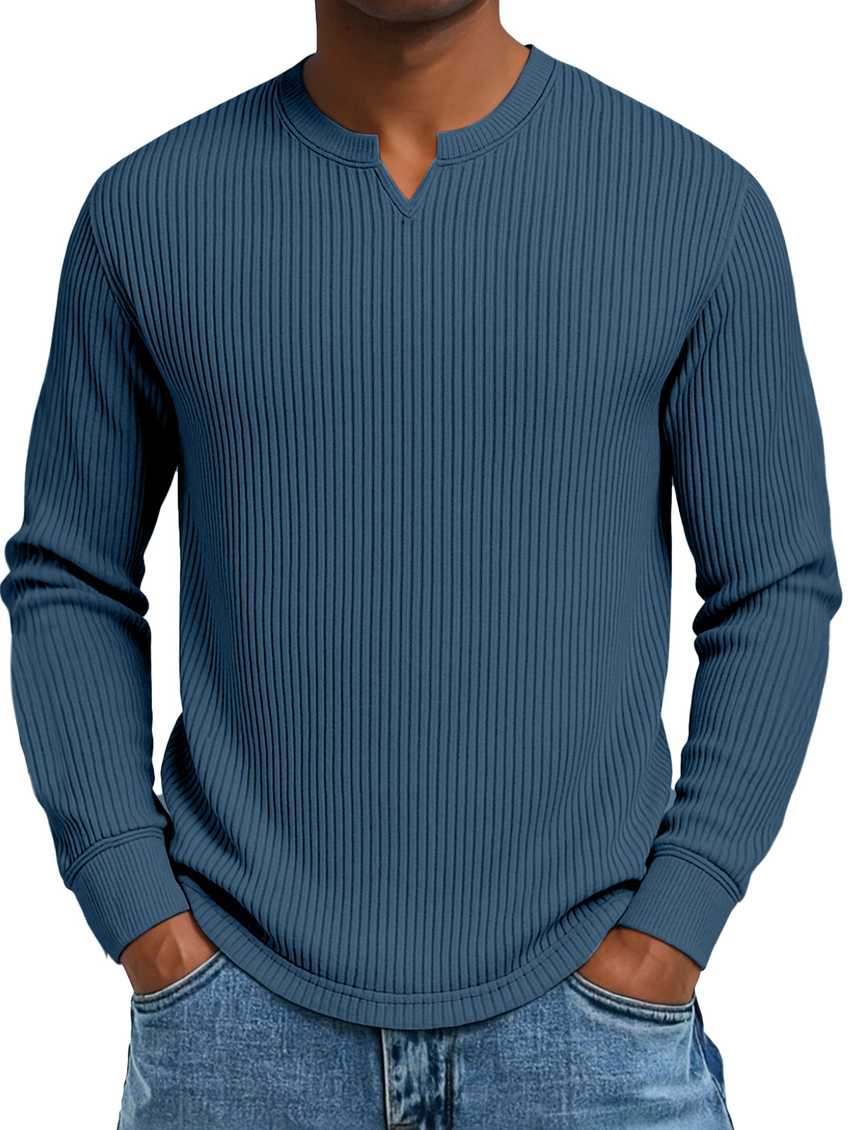 Herren Freizeit Einfarbig Vertikal Pit Kleiner V-Ausschnitt Langarm T-Shirt-deurabatt