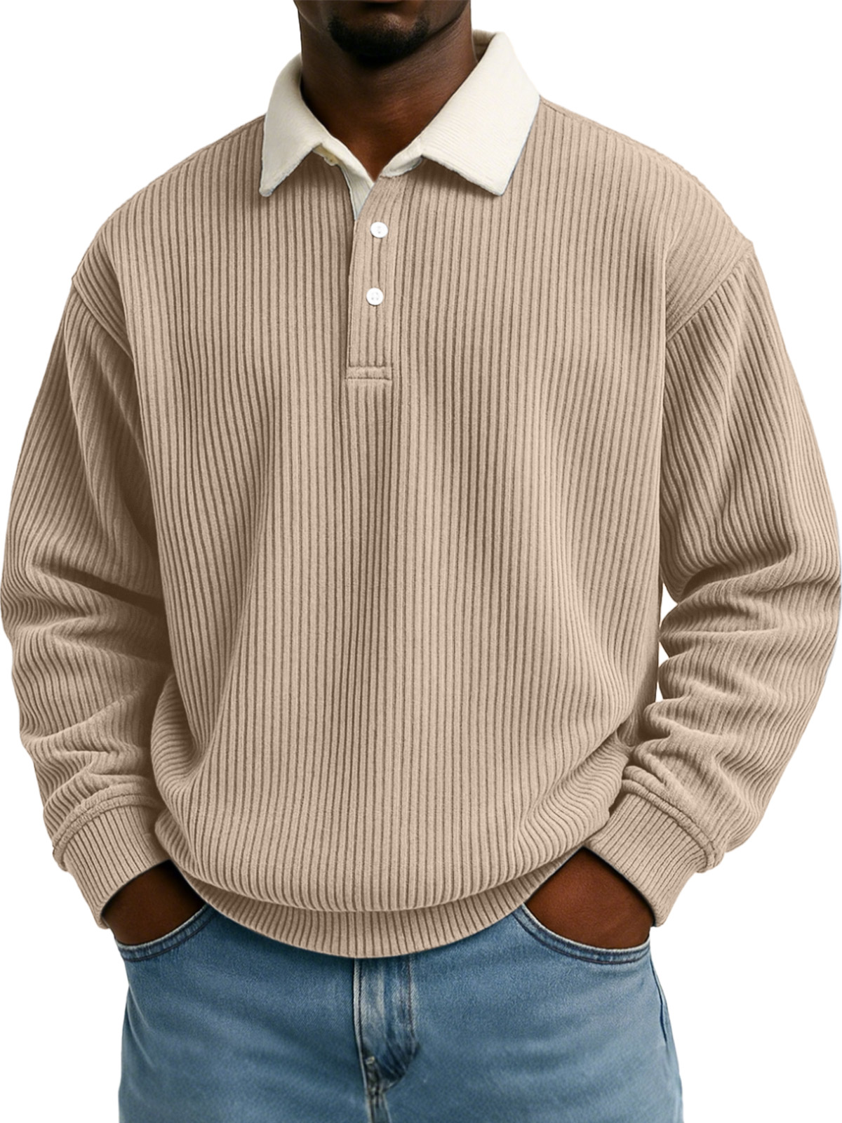 Herren Sweatshirt mit einfarbigem vertikalem Streifenmuster und kontrastierender Farbe, langärmlig, mit Revers-ZierMode