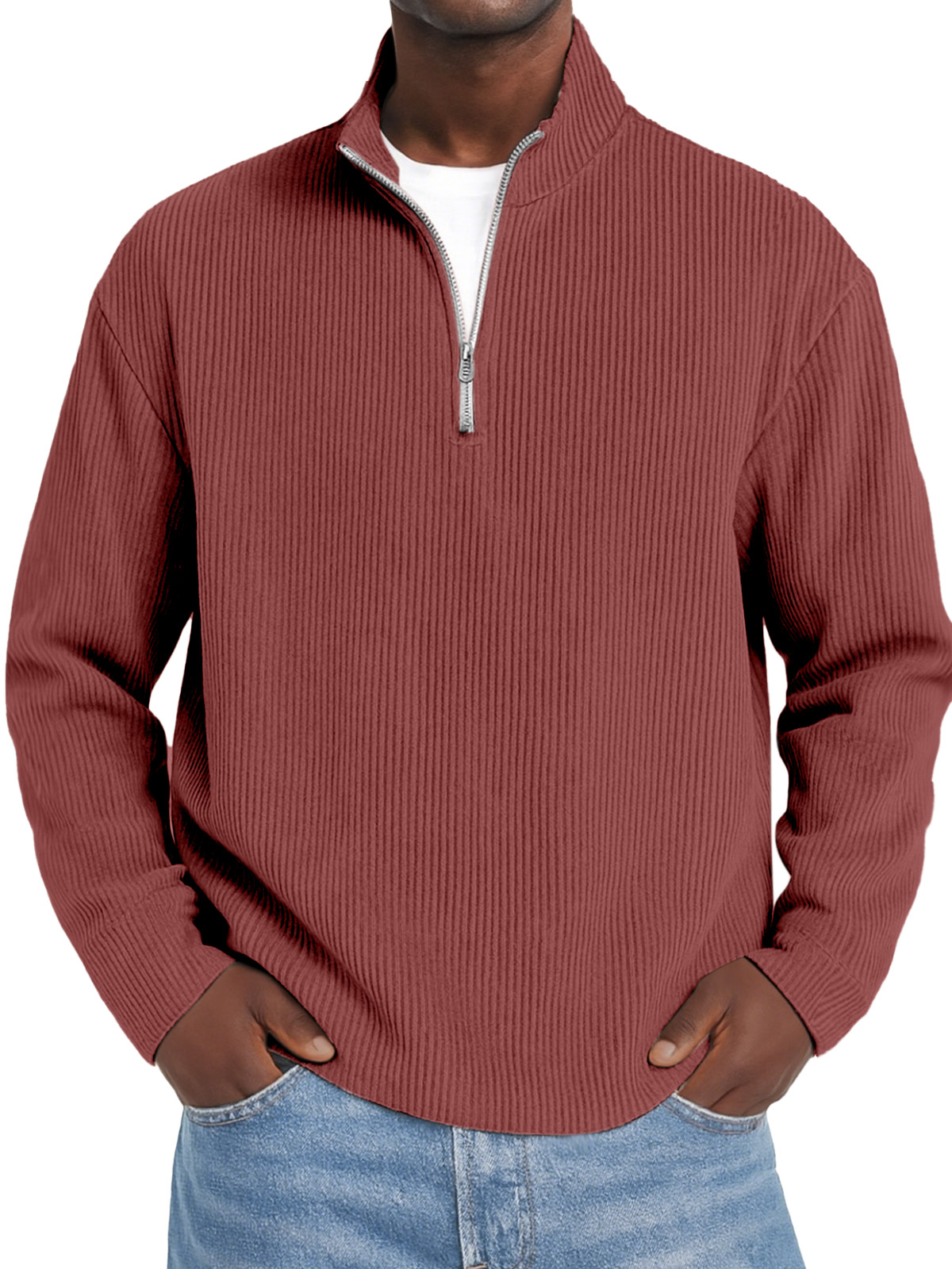Herren Daily Einfarbiger Vertikaler Reißverschluss Langarm Polo-Shirt-deurabatt