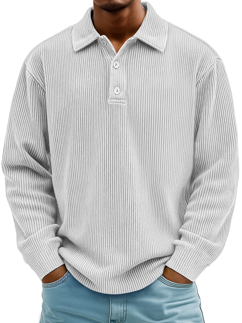 Herren Daily Casual Rippkragen Knopf-down Lockere Langarm Polohemd-deurabatt