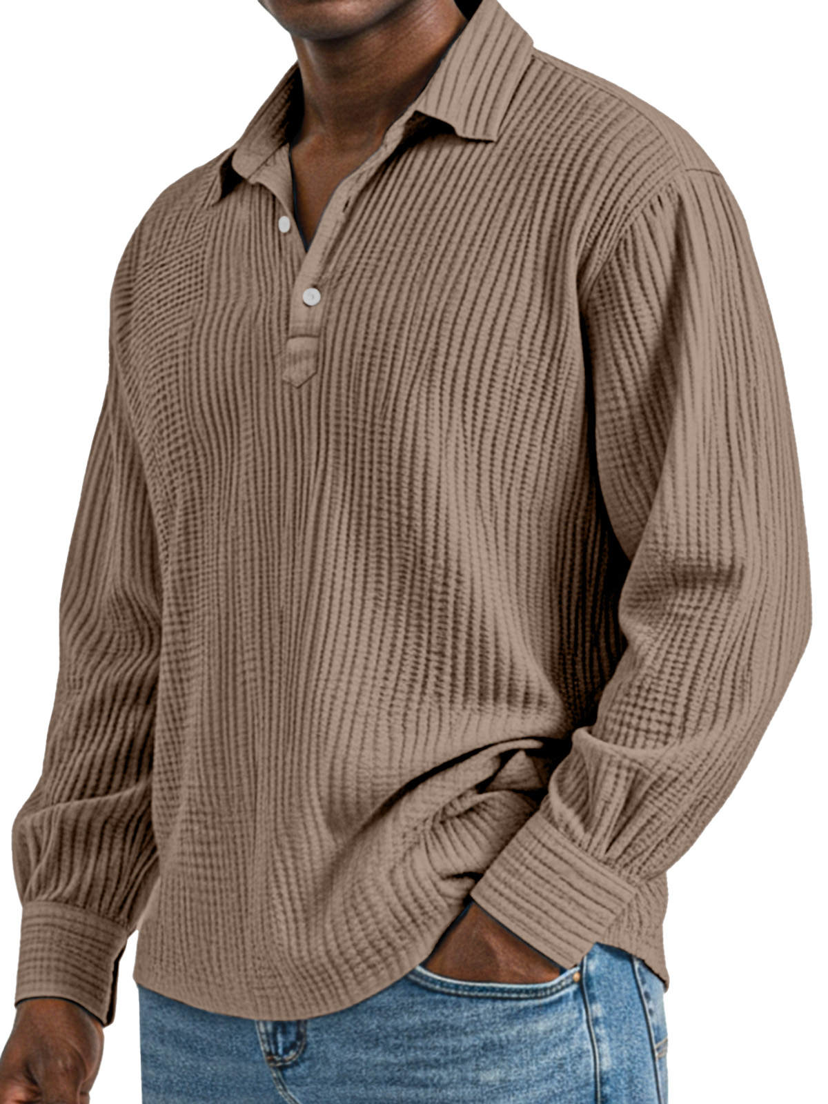 Herren Tägliches Einfaches Einfarbiges Plissee Langarm Poloshirt mit Revers-deurabatt