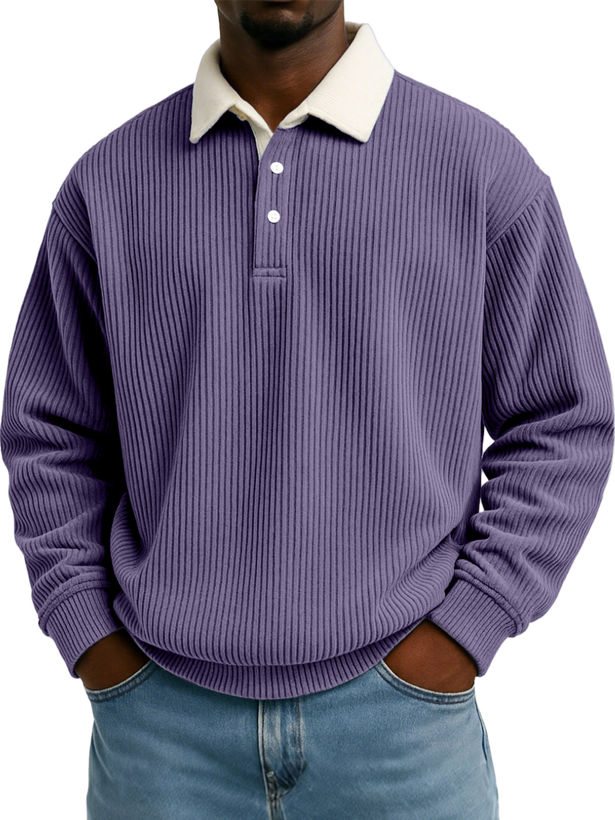 Herren Sweatshirt mit einfarbigem vertikalem Streifenmuster und kontrastierender Farbe, langärmlig, mit Revers-ZierMode