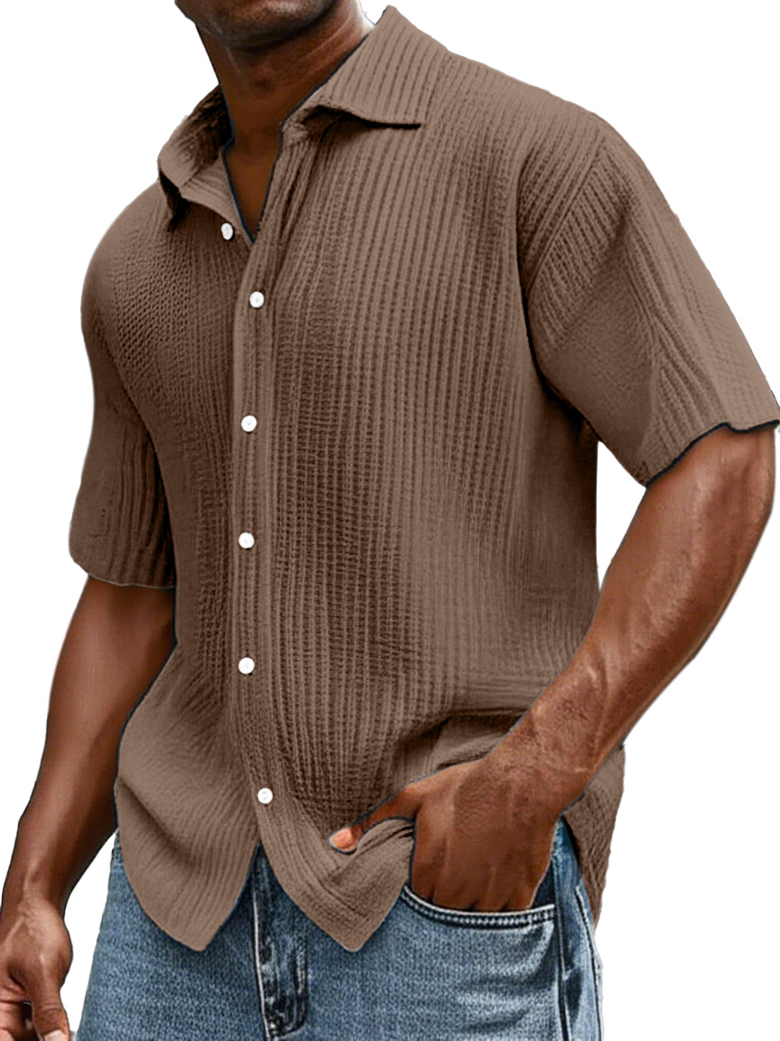 Herren Tägliches Lässiges Lockere Bequemes Baumwoll Rüschentextur Revers Kurzarm Knopfs Hemd-ZierMode
