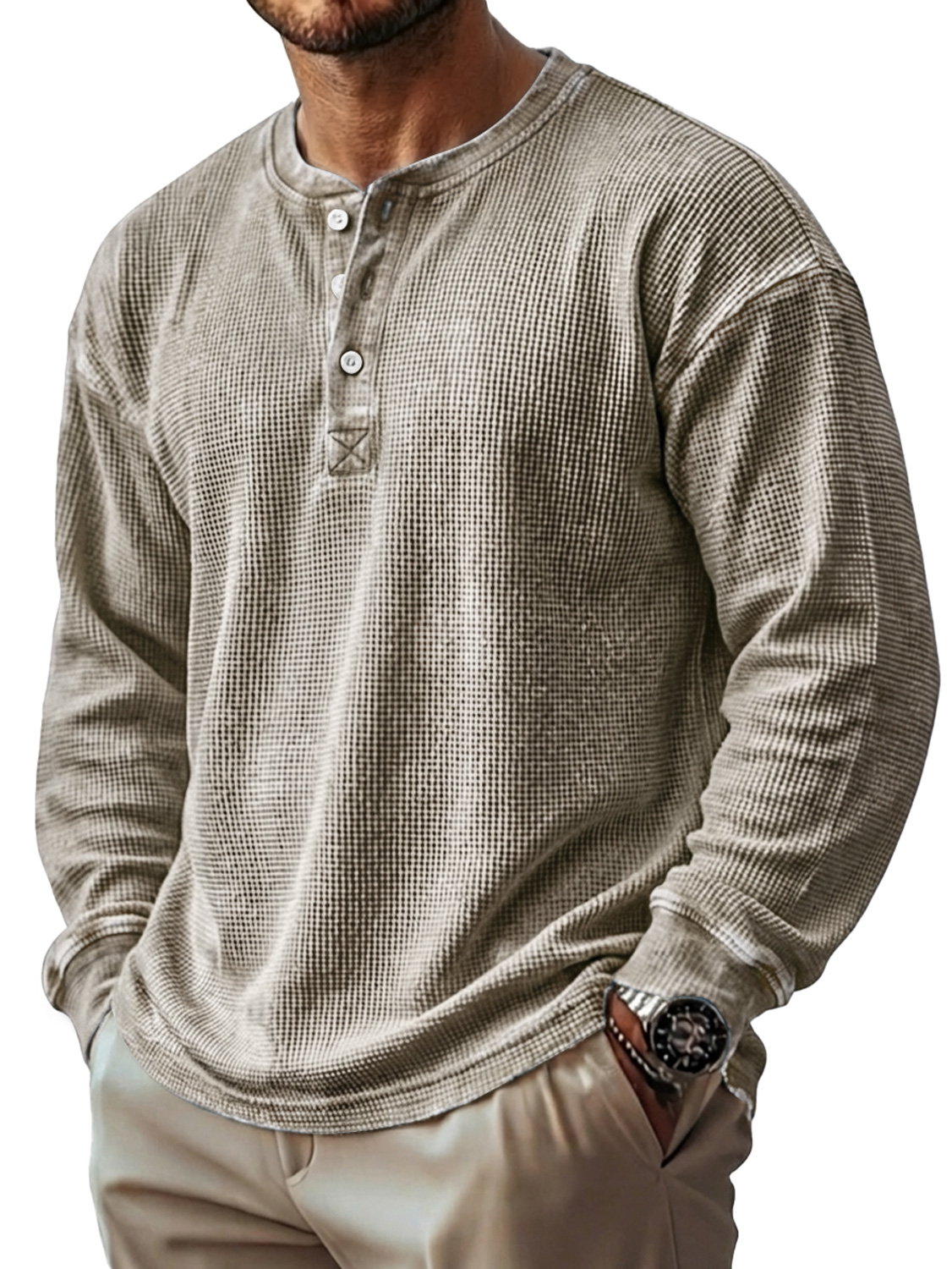 Herren Vintage Waffelstrick Langarm-Henley-Shirt-deurabatt