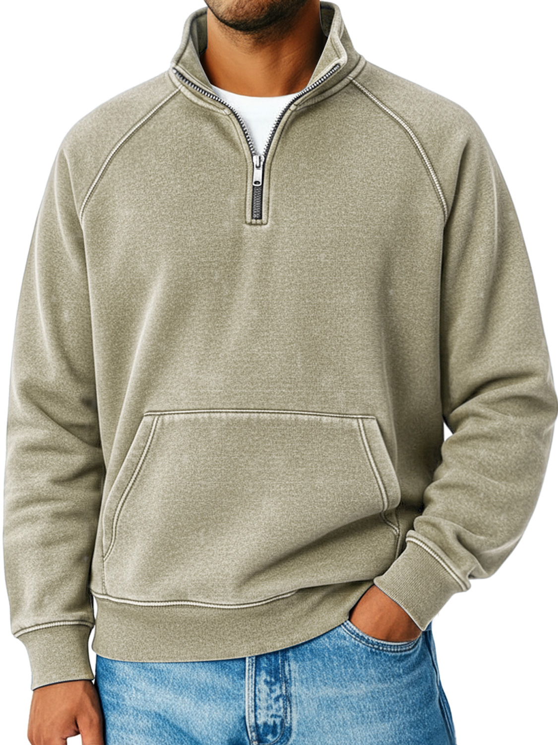 Herren Retro Raglanärmel Stehkragen Reißverschluss Lockere Freizeit Sweatshirt-deurabatt