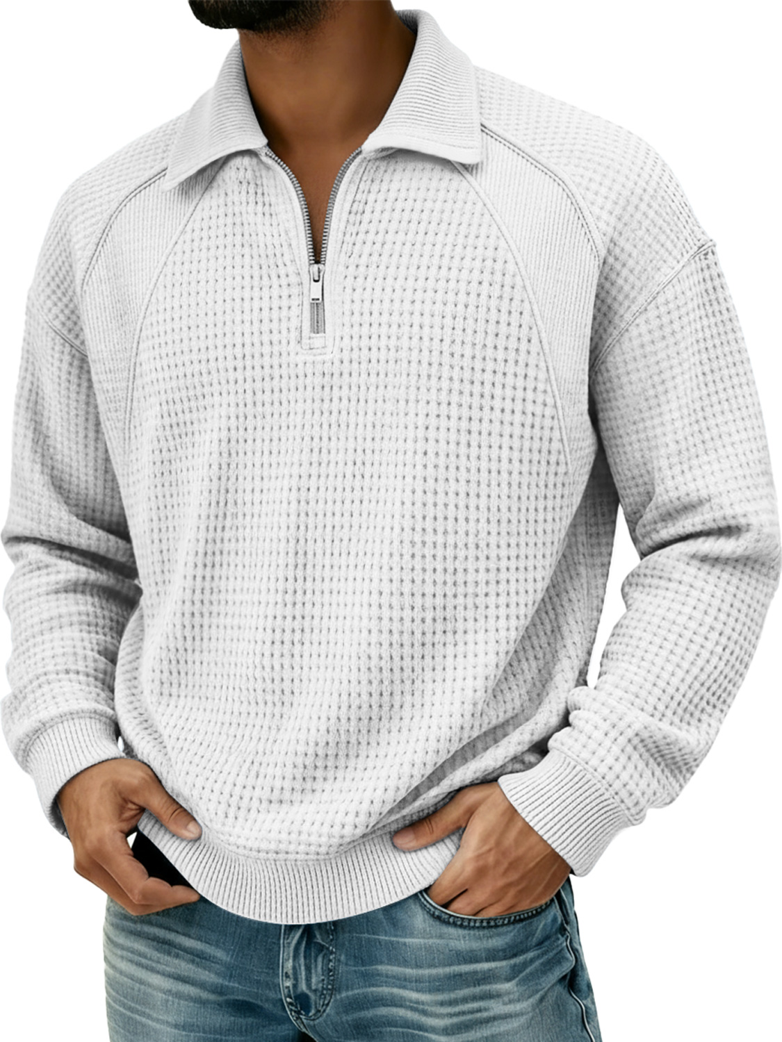 Herren Waffel Revers Reißverschluss Design Split Naht Polo Shirt-deurabatt