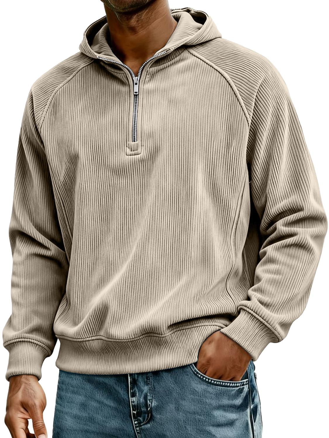 Herren Retro Corduroy Raglan Kapuzenpullover mit Reißverschluss-deurabatt