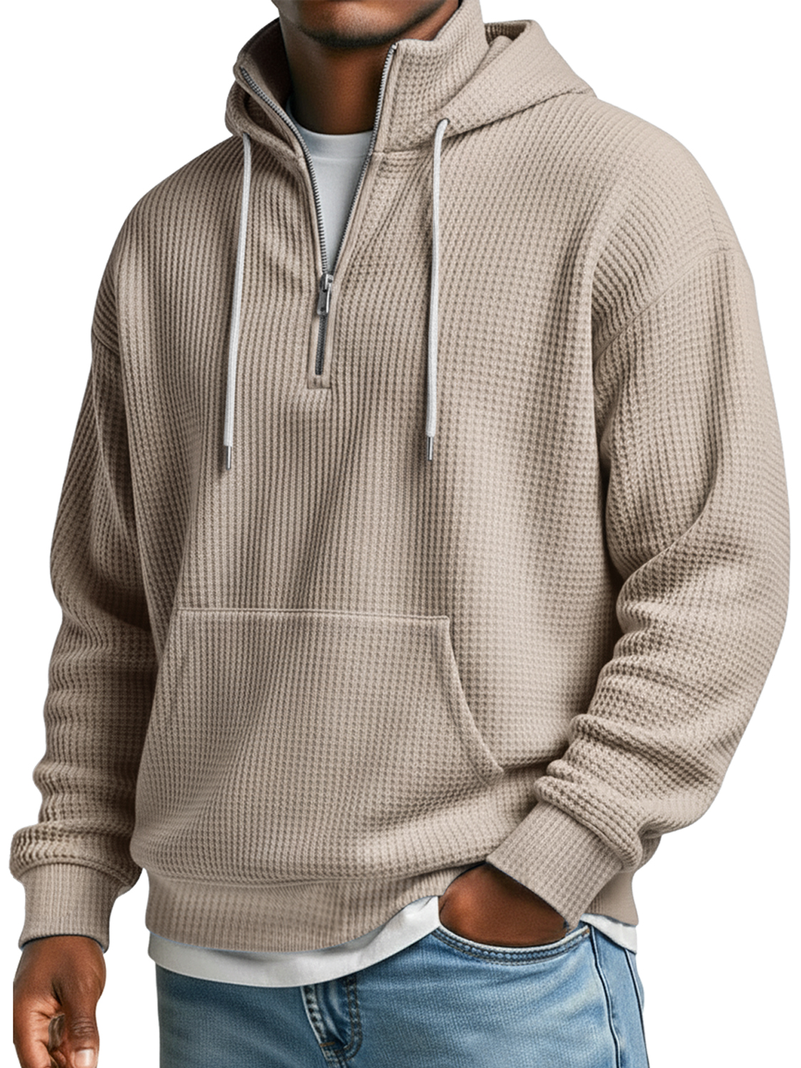 Herren Waffelkragen Reißverschluss Lässiger Lockere Kapuzenpullover-deurabatt