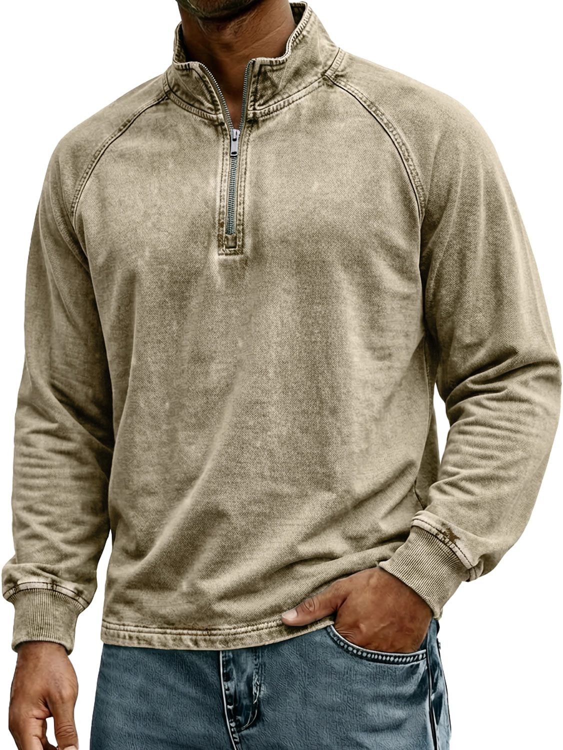 Herren Retro Stehkragen Reißverschluss Raglan Design Freizeit Langarm T-Shirt-deurabatt
