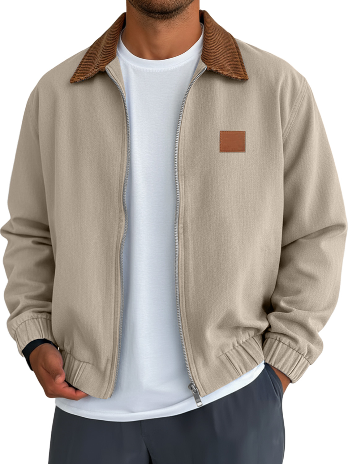Herren Einfaches Einfarbiges Patchwork-Kragen Besticktes Lederlabel Freizeitjacke-deurabatt
